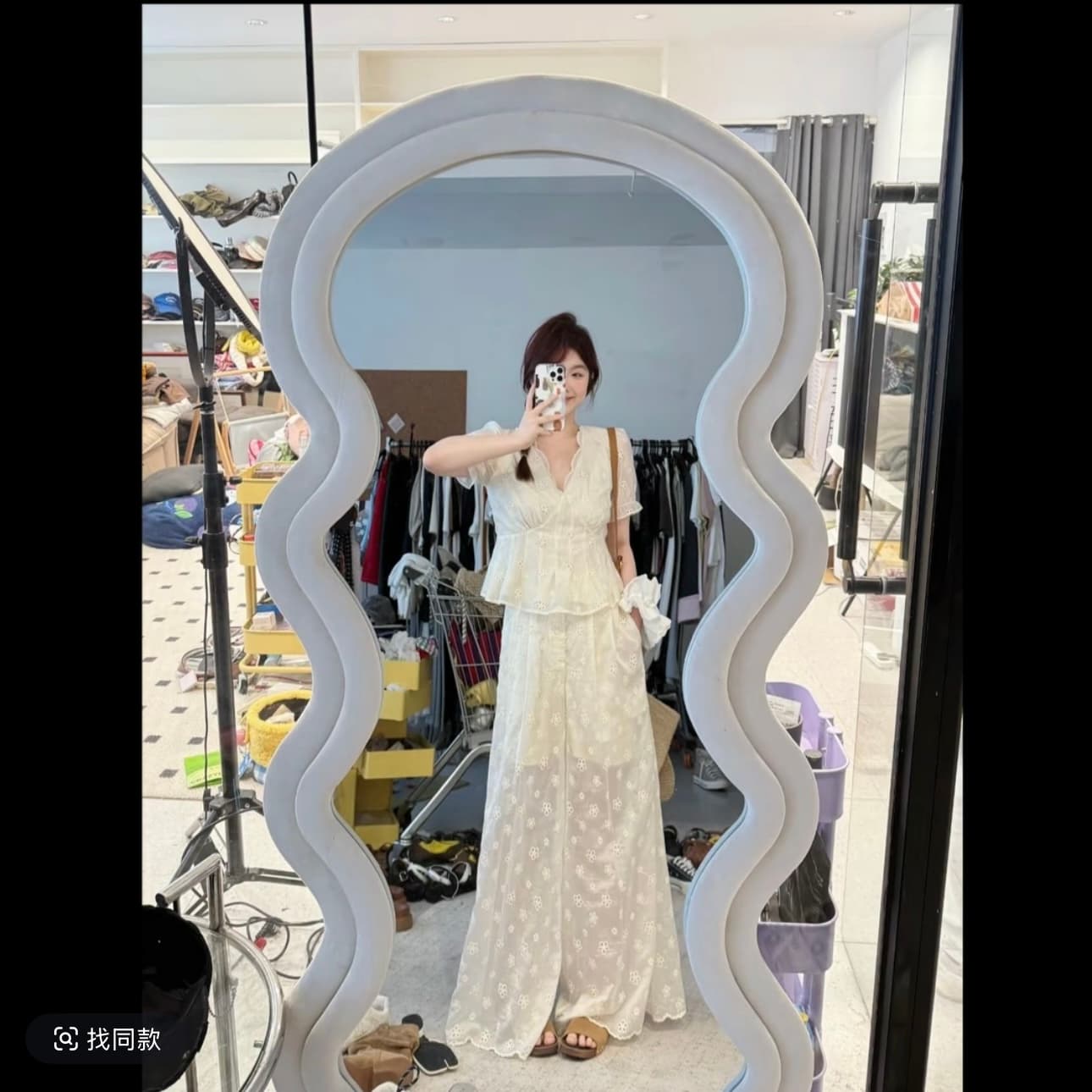 크리스탈 꼬꼬 우는 소리 새싹 새싹 구름 제직 꿈 디자인 센스 레이스 V넥 홀로우 아웃 자수 맨위 하이웨이스트 넓은 다리 캐주얼 바지 상세 이미지 3