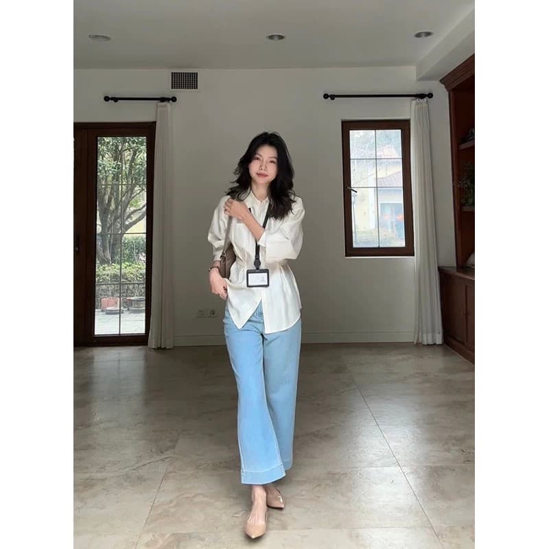 구오 지우주지 뭐라구? 품격 조정 버클 핀치 Pleat 허리 수축 슬림해 보이는 셔츠 봄 작은 대중 맨위 상세 이미지 2