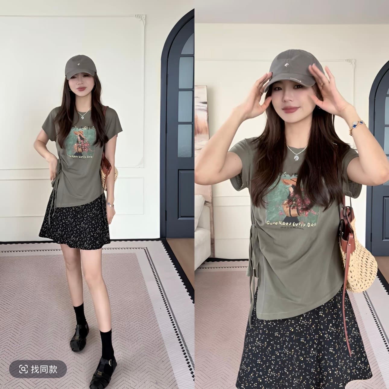 유 후안 후안 여름 비즈 밀짚모자 여신 프린트 플리츠 측면 레이스업 반팔 티셔츠 상세 이미지 2