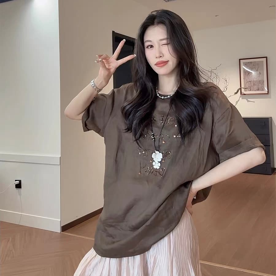 마 마 동물의 젊은 绯 색상 남자 여름 100 라미 느슨함 센스 슬림해 보이는 프린트 라운드 넥 반팔 티셔츠 여성 다용도 연령 감소 이미지 3