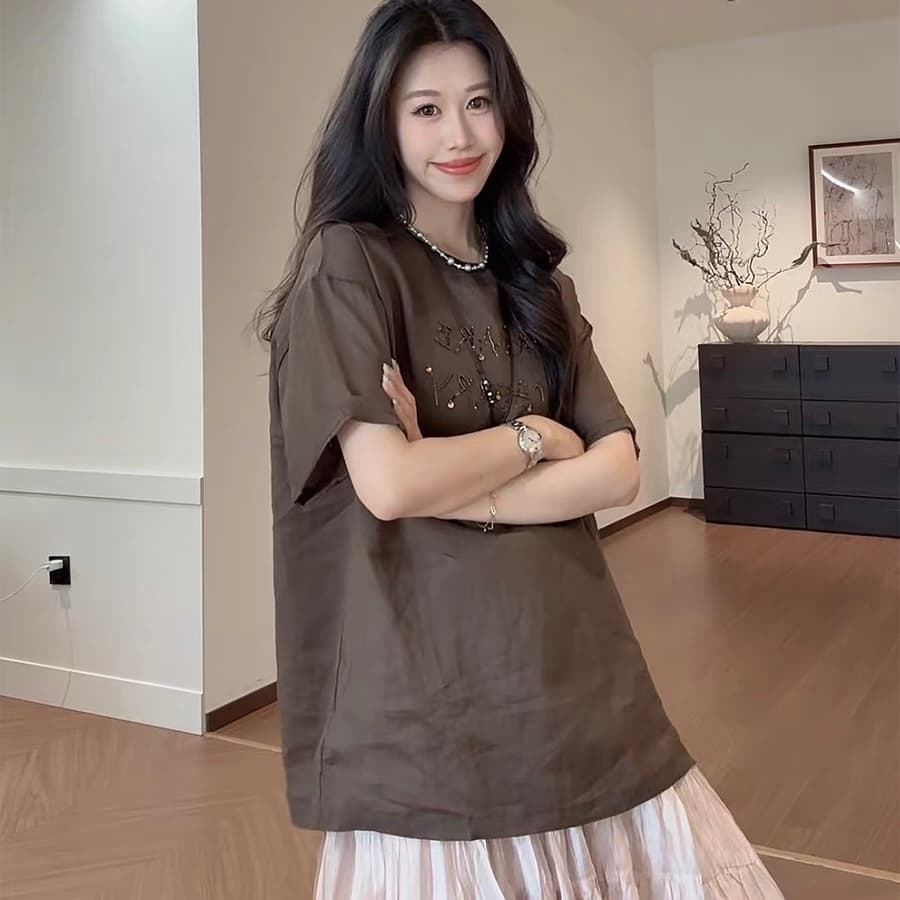 마 마 동물의 젊은 绯 색상 남자 여름 100 라미 느슨함 센스 슬림해 보이는 프린트 라운드 넥 반팔 티셔츠 여성 다용도 연령 감소 상세 이미지 2