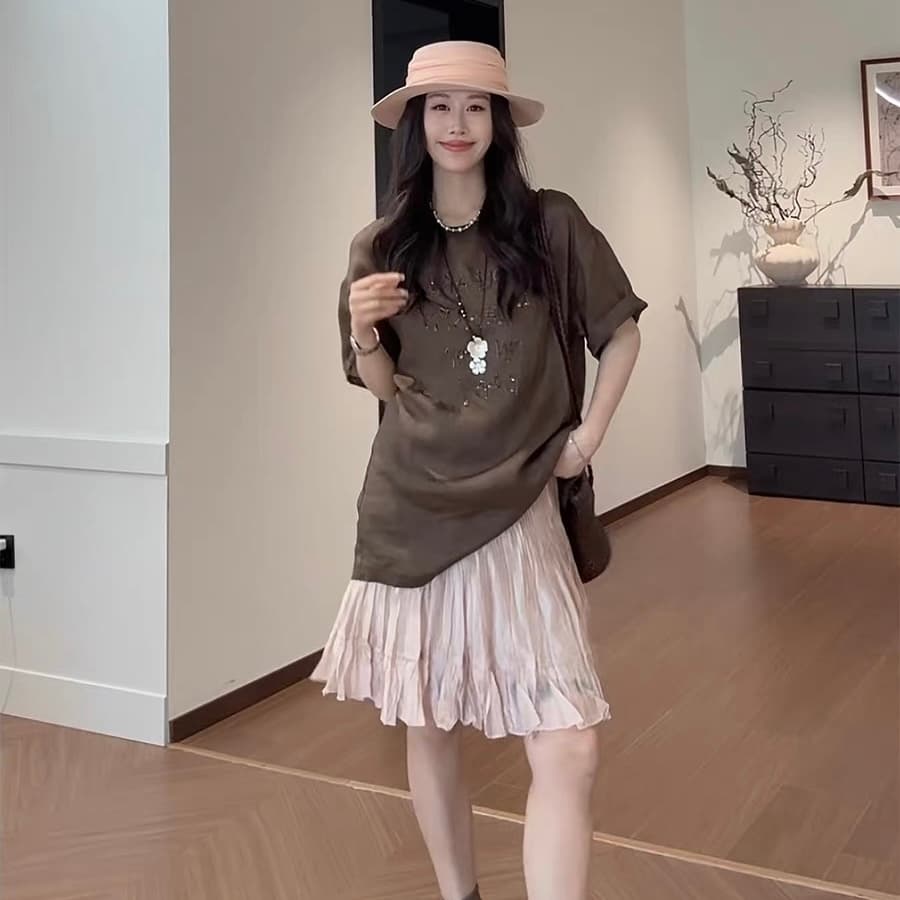 마 마 동물의 젊은 绯 색상 남자 여름 100 라미 느슨함 센스 슬림해 보이는 프린트 라운드 넥 반팔 티셔츠 여성 다용도 연령 감소 상세 이미지 4