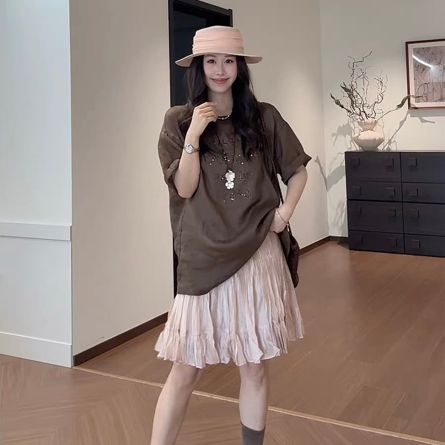 마 마 동물의 젊은 绯 색상 남자 여름 100 라미 느슨함 센스 슬림해 보이는 프린트 라운드 넥 반팔 티셔츠 여성 다용도 연령 감소 상세 이미지 5