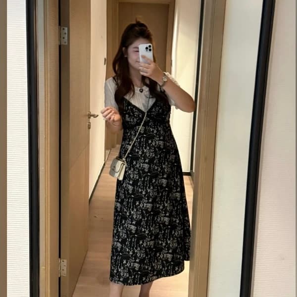 난 머리말 출처 어린이 마이크로 지방 빅 사이즈 여성 의류 여름 드레스 신제품 지방 mm 표지 고기 페이크 레이어드 블랙 꽃 여성 드레스 이미지 3