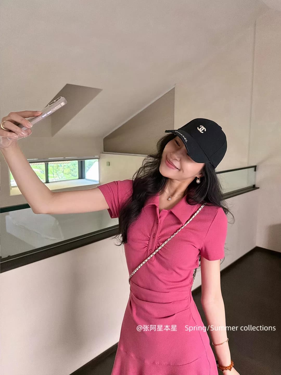 장 A 스타 장미 조정 느슨함 단색 핫걸 미니멀리즘 품격 허리 수축 POLO 칼라 캐주얼 슬림해 보이는 드레스 이미지 4