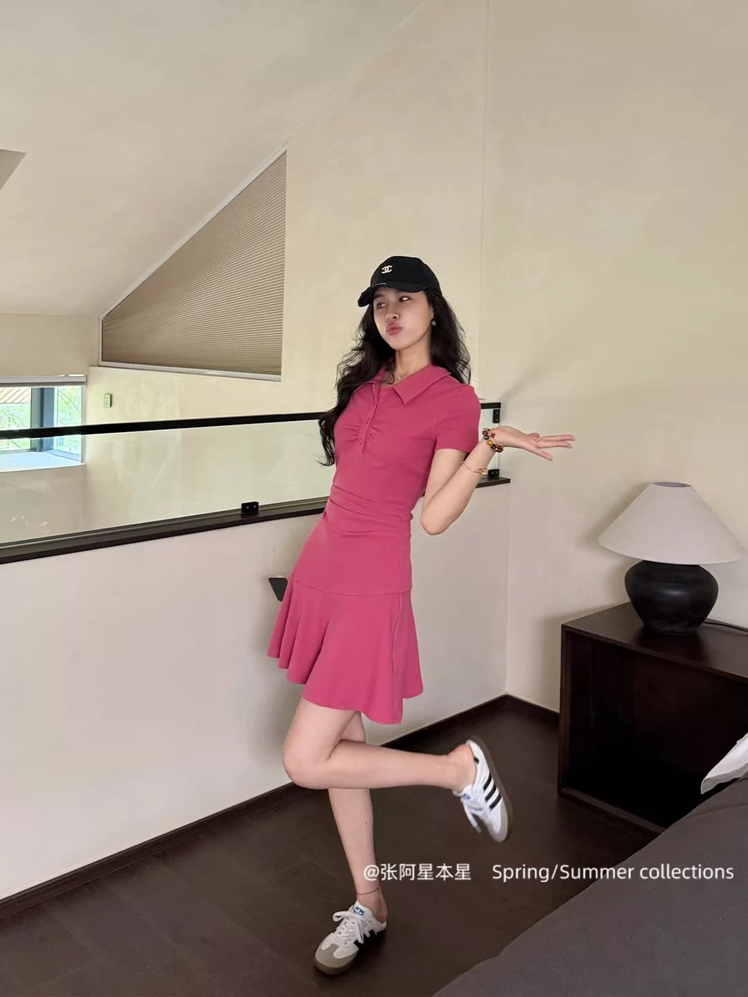 장 A 스타 장미 조정 느슨함 단색 핫걸 미니멀리즘 품격 허리 수축 POLO 칼라 캐주얼 슬림해 보이는 드레스 이미지 3