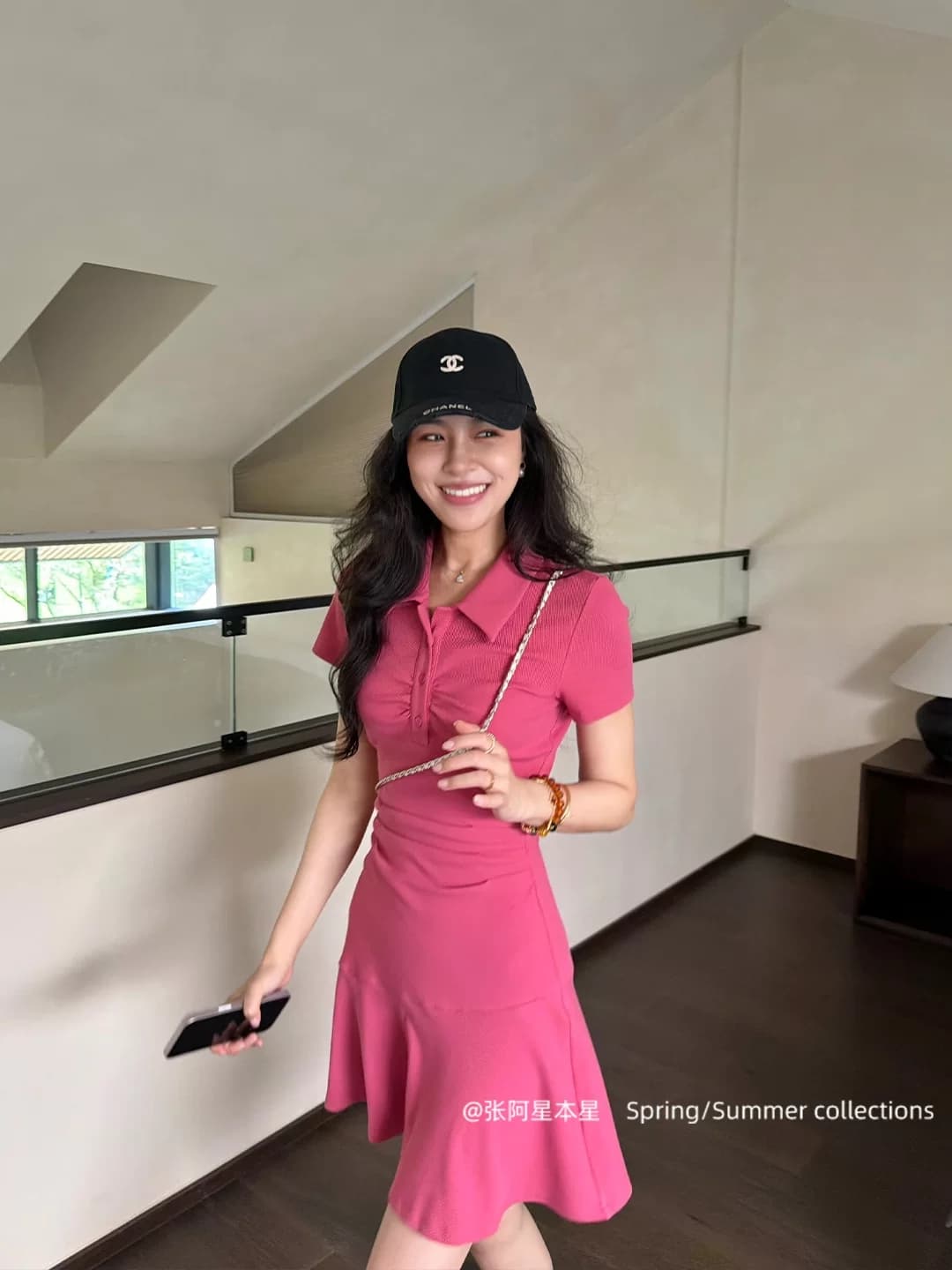 장 A 스타 장미 조정 느슨함 단색 핫걸 미니멀리즘 품격 허리 수축 POLO 칼라 캐주얼 슬림해 보이는 드레스 이미지 5
