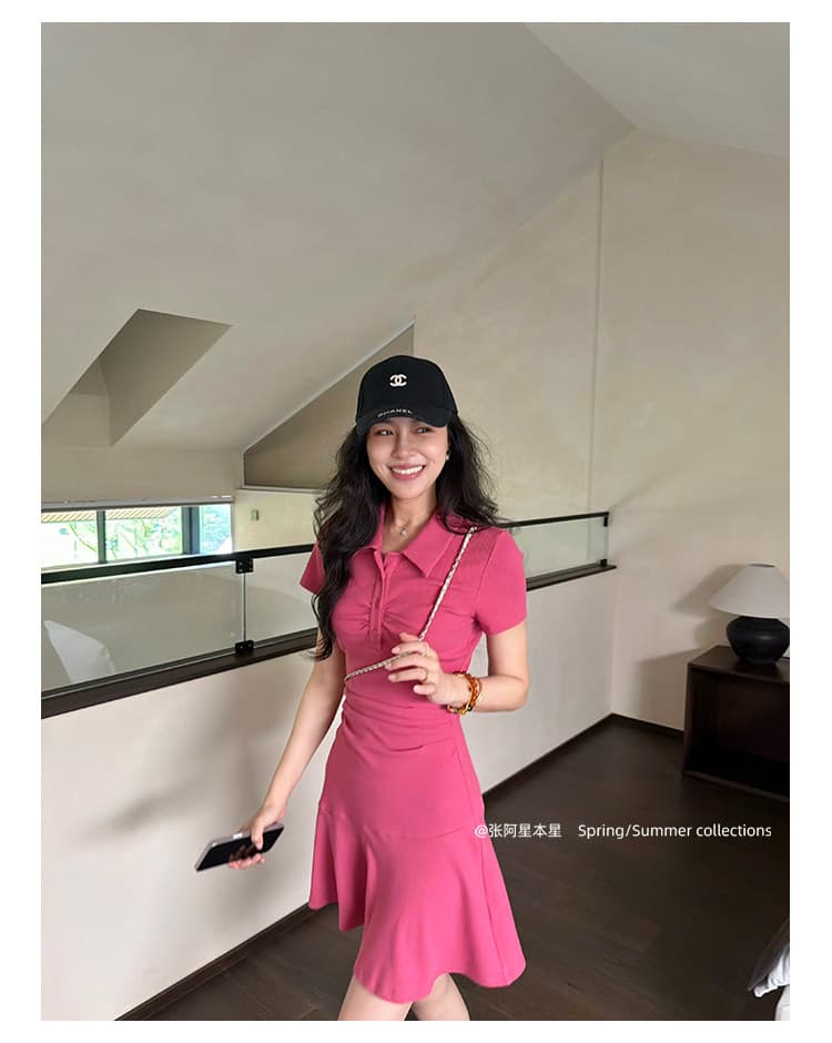 장 A 스타 장미 조정 느슨함 단색 핫걸 미니멀리즘 품격 허리 수축 POLO 칼라 캐주얼 슬림해 보이는 드레스 상세 이미지 9