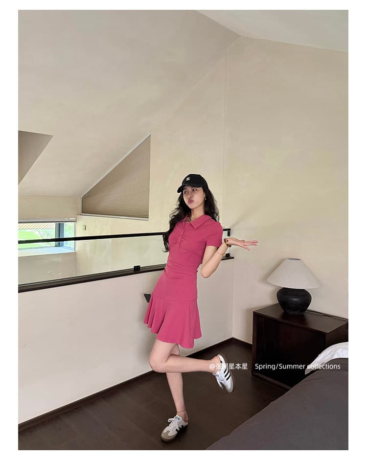 장 A 스타 장미 조정 느슨함 단색 핫걸 미니멀리즘 품격 허리 수축 POLO 칼라 캐주얼 슬림해 보이는 드레스 상세 이미지 11