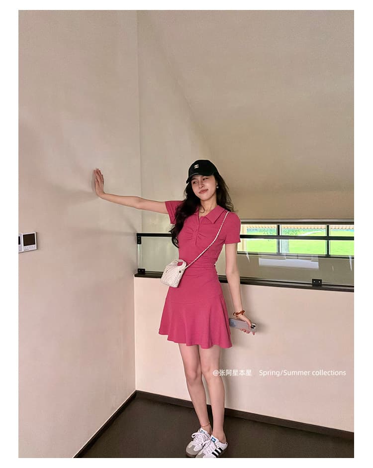 장 A 스타 장미 조정 느슨함 단색 핫걸 미니멀리즘 품격 허리 수축 POLO 칼라 캐주얼 슬림해 보이는 드레스 상세 이미지 13