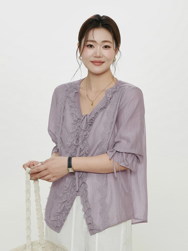 대 부드럽게 소스 빅 사이즈 여성 의류 마이크로 지방 자매 mm 라이 경기 서울 프릴 아름다운 셔츠 디자인 센스 품격 맨위 상세 이미지 1