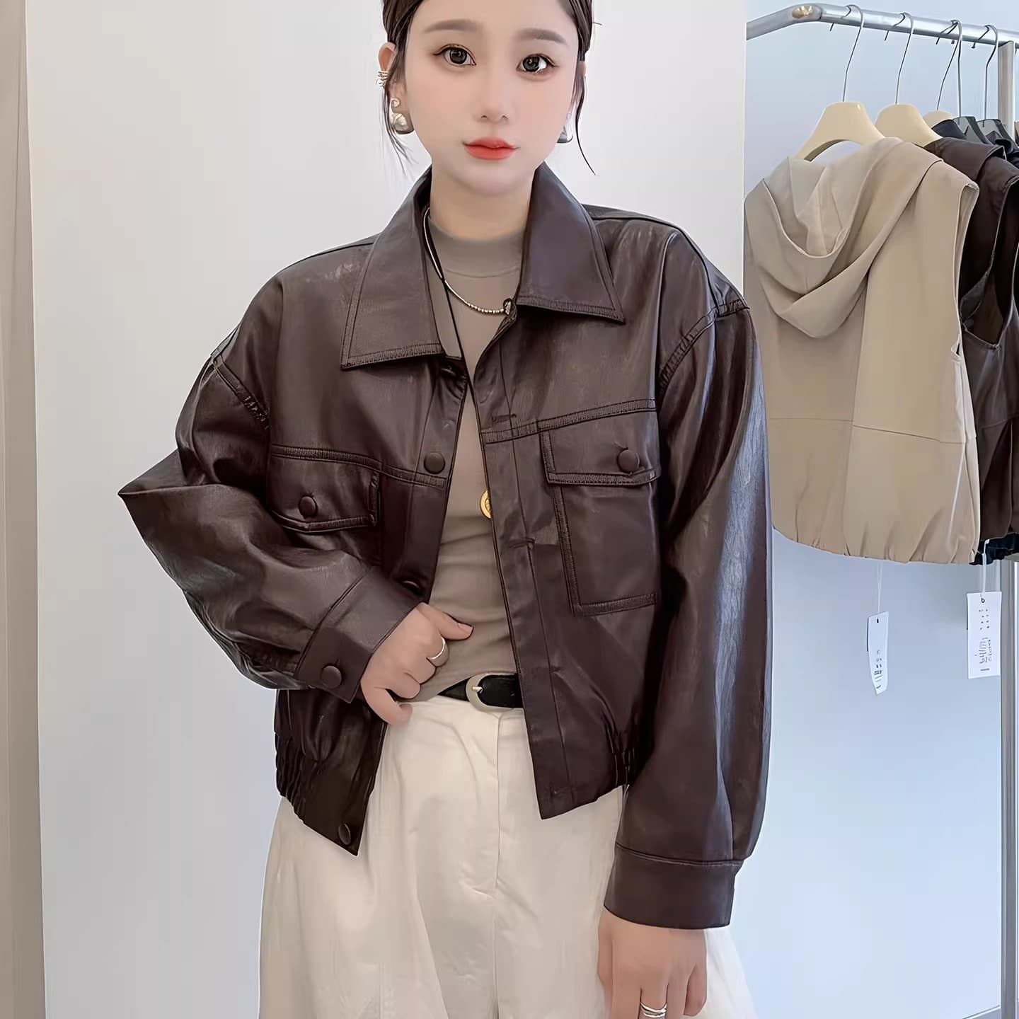 송 능가 같은 단락 2025 가을 겨울 새로운 패션 레트로 pu 가죽 자켓 폴로 칼라 루즈핏 가을 어깨 소매 오토바이 서비스 이미지 2