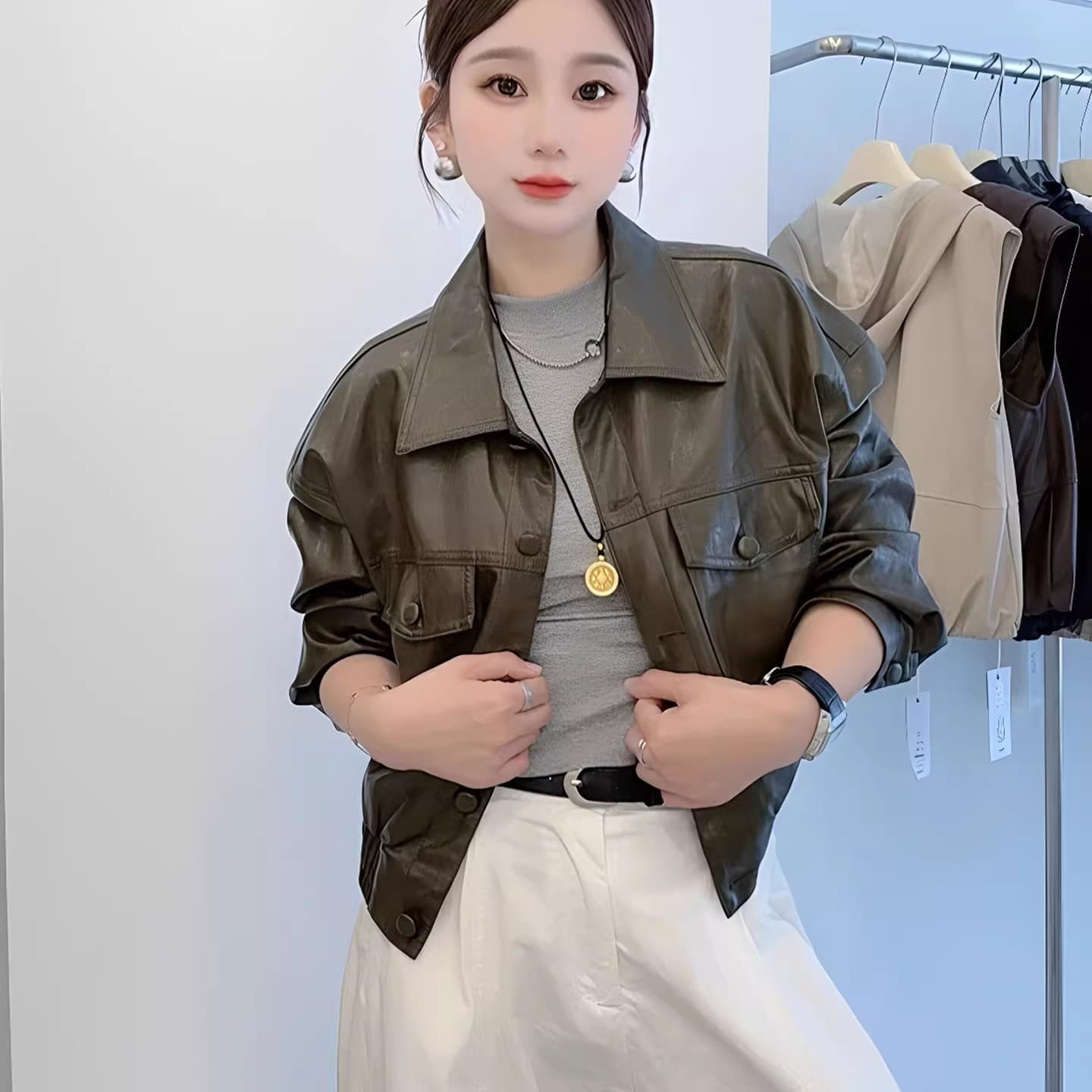 송 능가 같은 단락 2025 가을 겨울 새로운 패션 레트로 pu 가죽 자켓 폴로 칼라 루즈핏 가을 어깨 소매 오토바이 서비스 이미지 3