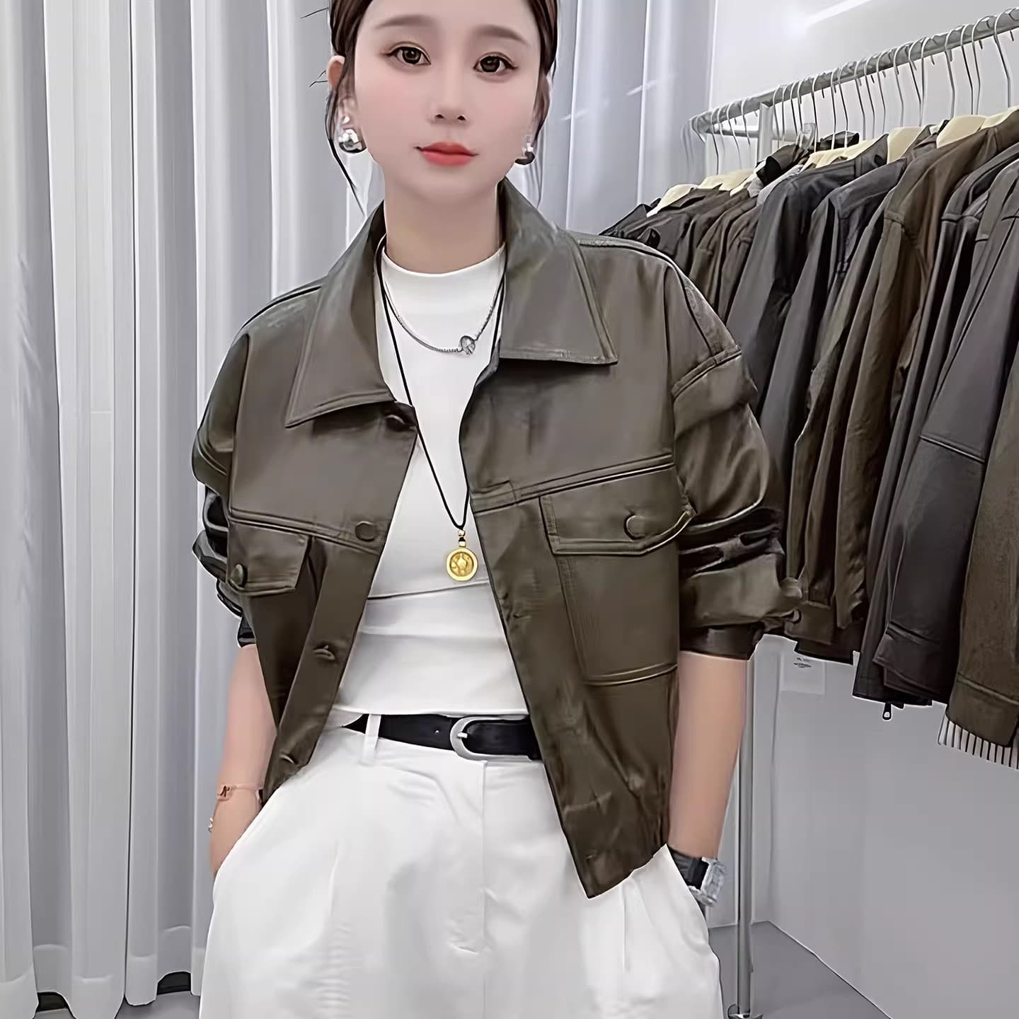 송 능가 같은 단락 2025 가을 겨울 새로운 패션 레트로 pu 가죽 자켓 폴로 칼라 루즈핏 가을 어깨 소매 오토바이 서비스 이미지 4