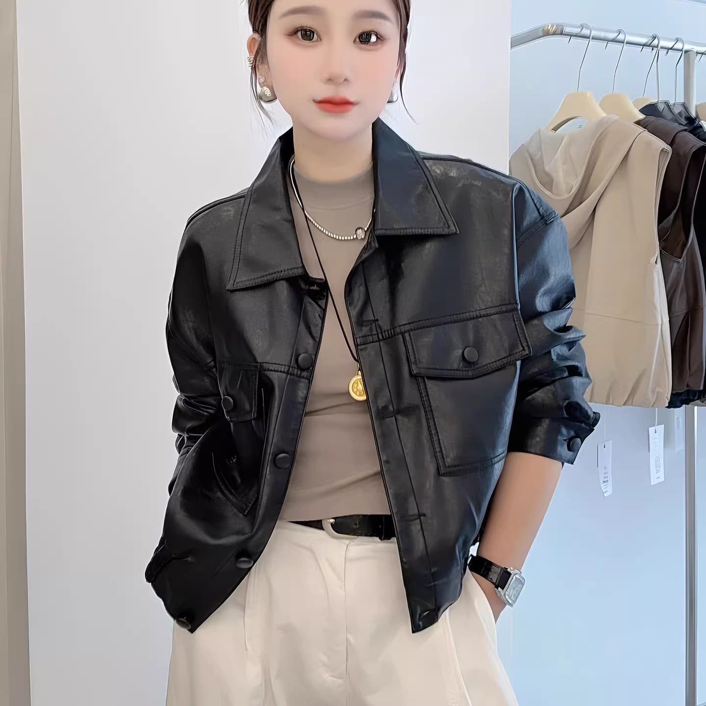 송 능가 같은 단락 2025 가을 겨울 새로운 패션 레트로 pu 가죽 자켓 폴로 칼라 루즈핏 가을 어깨 소매 오토바이 서비스 이미지 5