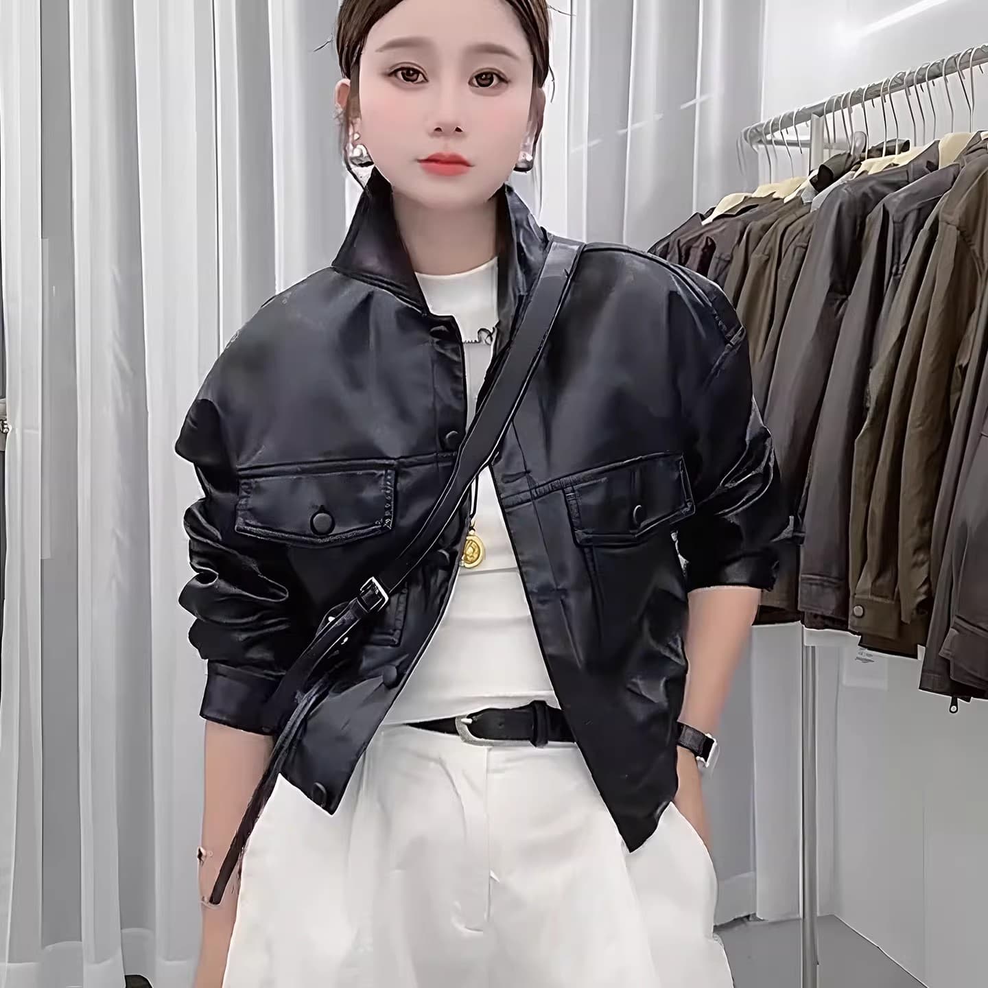 송 능가 같은 단락 2025 가을 겨울 새로운 패션 레트로 pu 가죽 자켓 폴로 칼라 루즈핏 가을 어깨 소매 오토바이 서비스 이미지 6