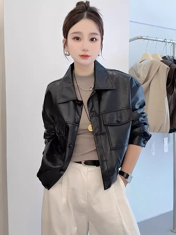 송 능가 같은 단락 2025 가을 겨울 새로운 패션 레트로 pu 가죽 자켓 폴로 칼라 루즈핏 가을 어깨 소매 오토바이 서비스 상세 이미지 5