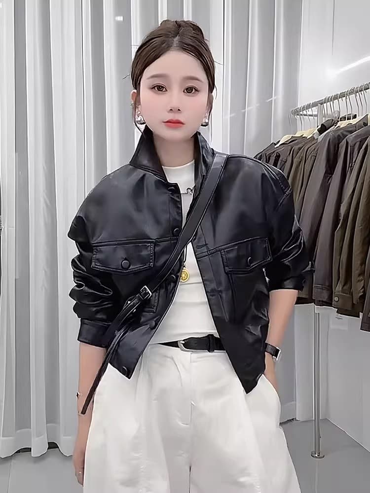 송 능가 같은 단락 2025 가을 겨울 새로운 패션 레트로 pu 가죽 자켓 폴로 칼라 루즈핏 가을 어깨 소매 오토바이 서비스 상세 이미지 6