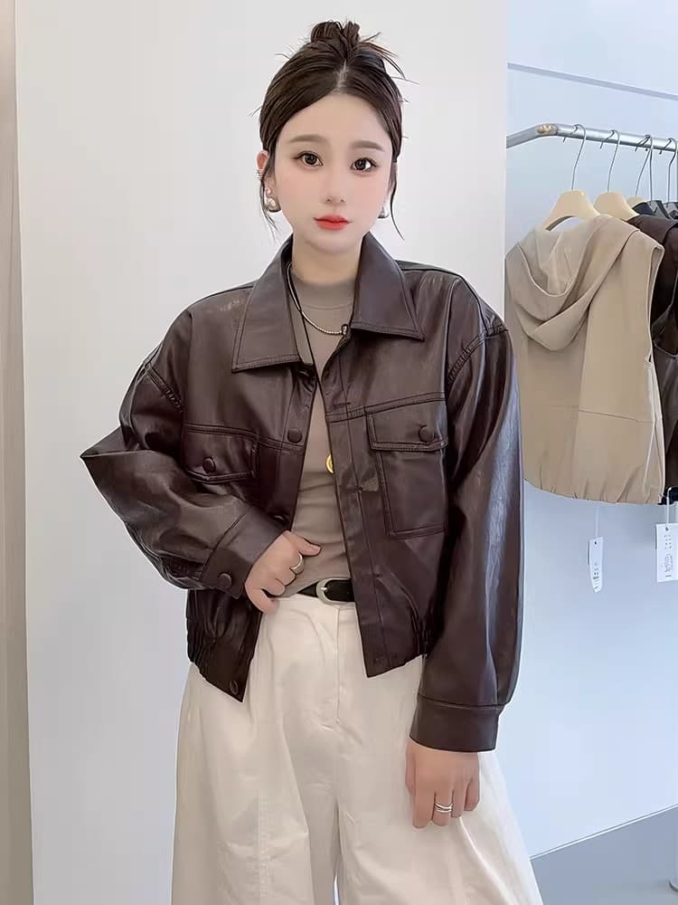 송 능가 같은 단락 2025 가을 겨울 새로운 패션 레트로 pu 가죽 자켓 폴로 칼라 루즈핏 가을 어깨 소매 오토바이 서비스 상세 이미지 7