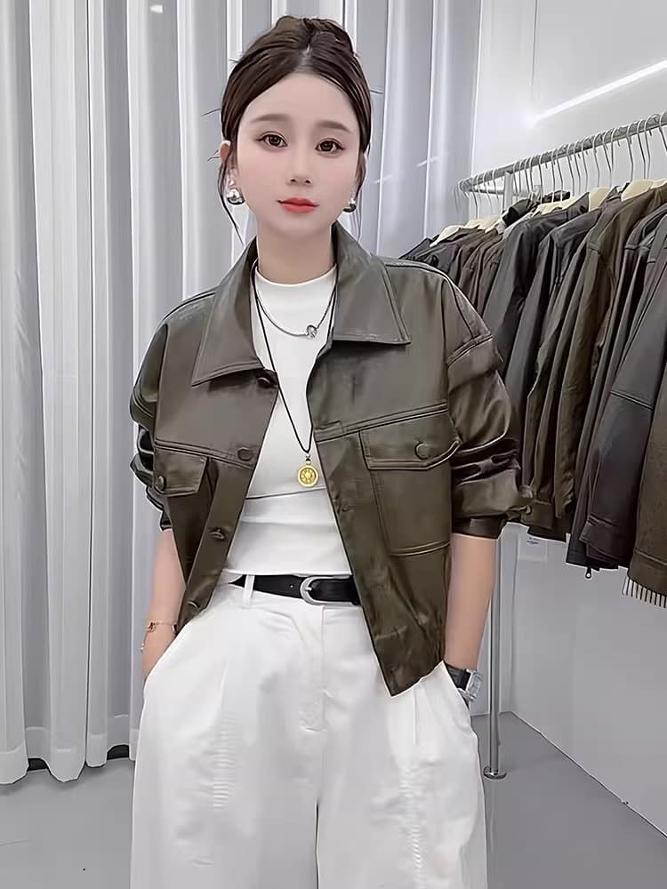 송 능가 같은 단락 2025 가을 겨울 새로운 패션 레트로 pu 가죽 자켓 폴로 칼라 루즈핏 가을 어깨 소매 오토바이 서비스 상세 이미지 9