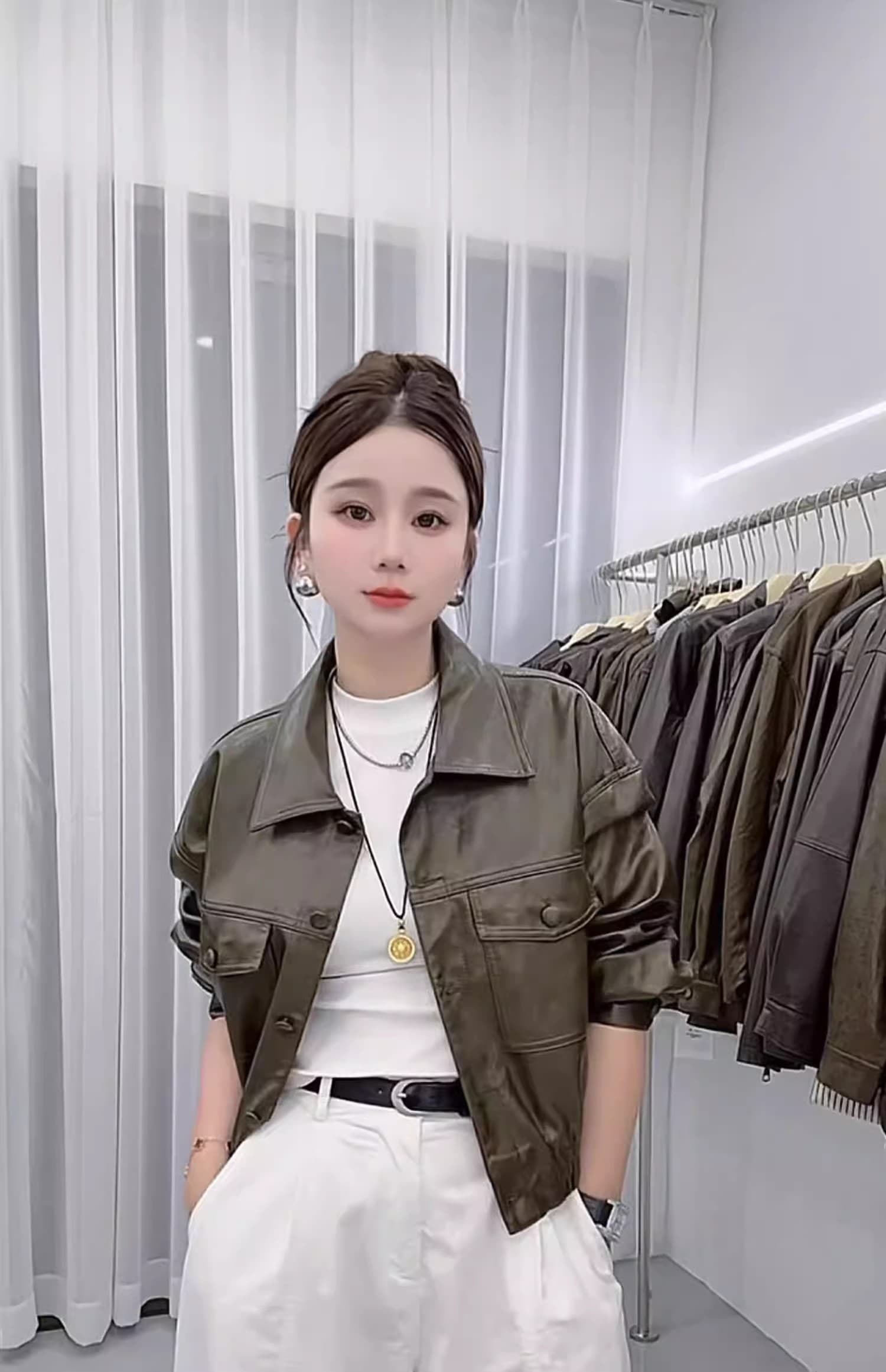 송 능가 같은 단락 2025 가을 겨울 새로운 패션 레트로 pu 가죽 자켓 폴로 칼라 루즈핏 가을 어깨 소매 오토바이 서비스 상세 이미지 10