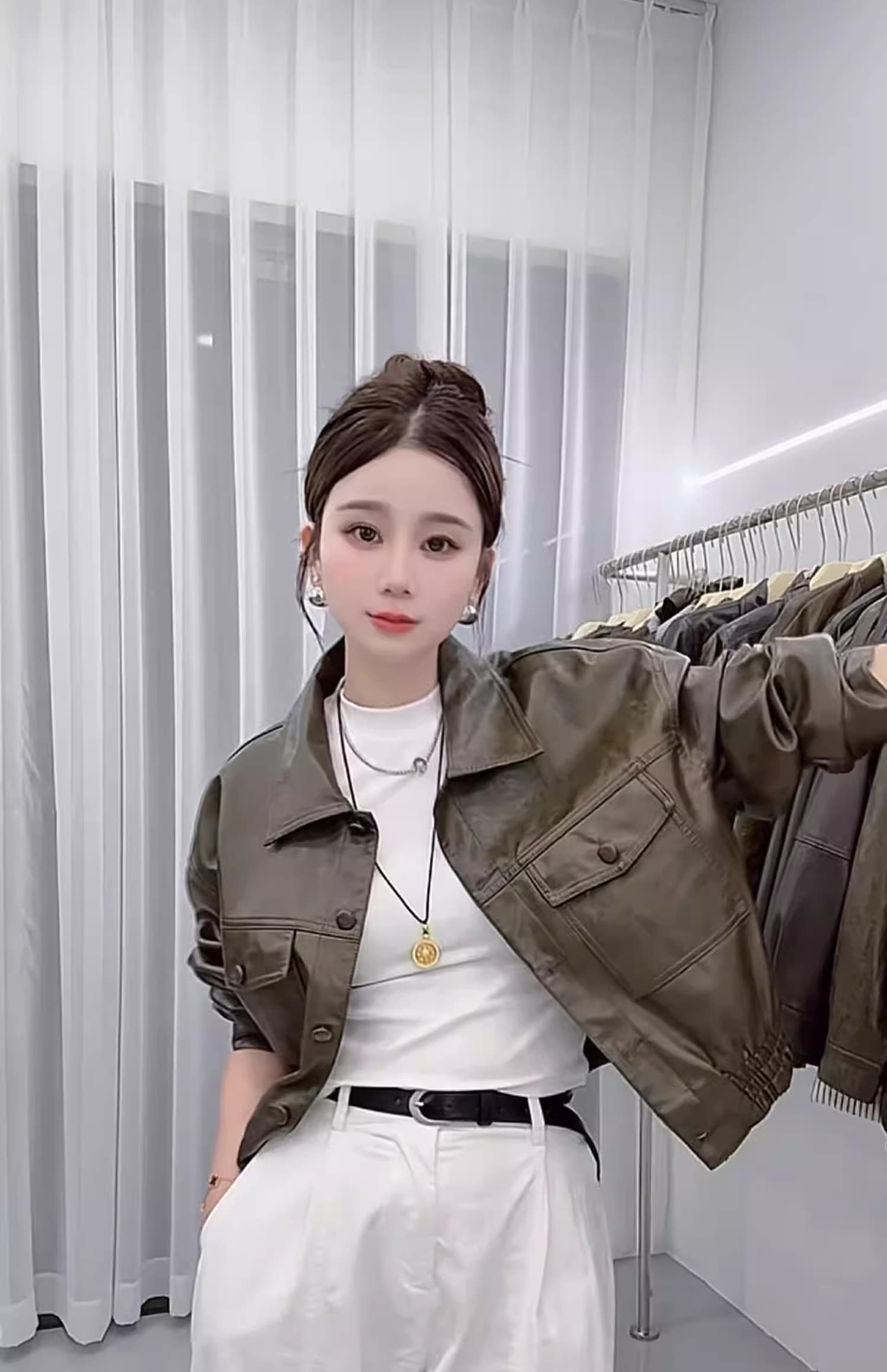 송 능가 같은 단락 2025 가을 겨울 새로운 패션 레트로 pu 가죽 자켓 폴로 칼라 루즈핏 가을 어깨 소매 오토바이 서비스 상세 이미지 12