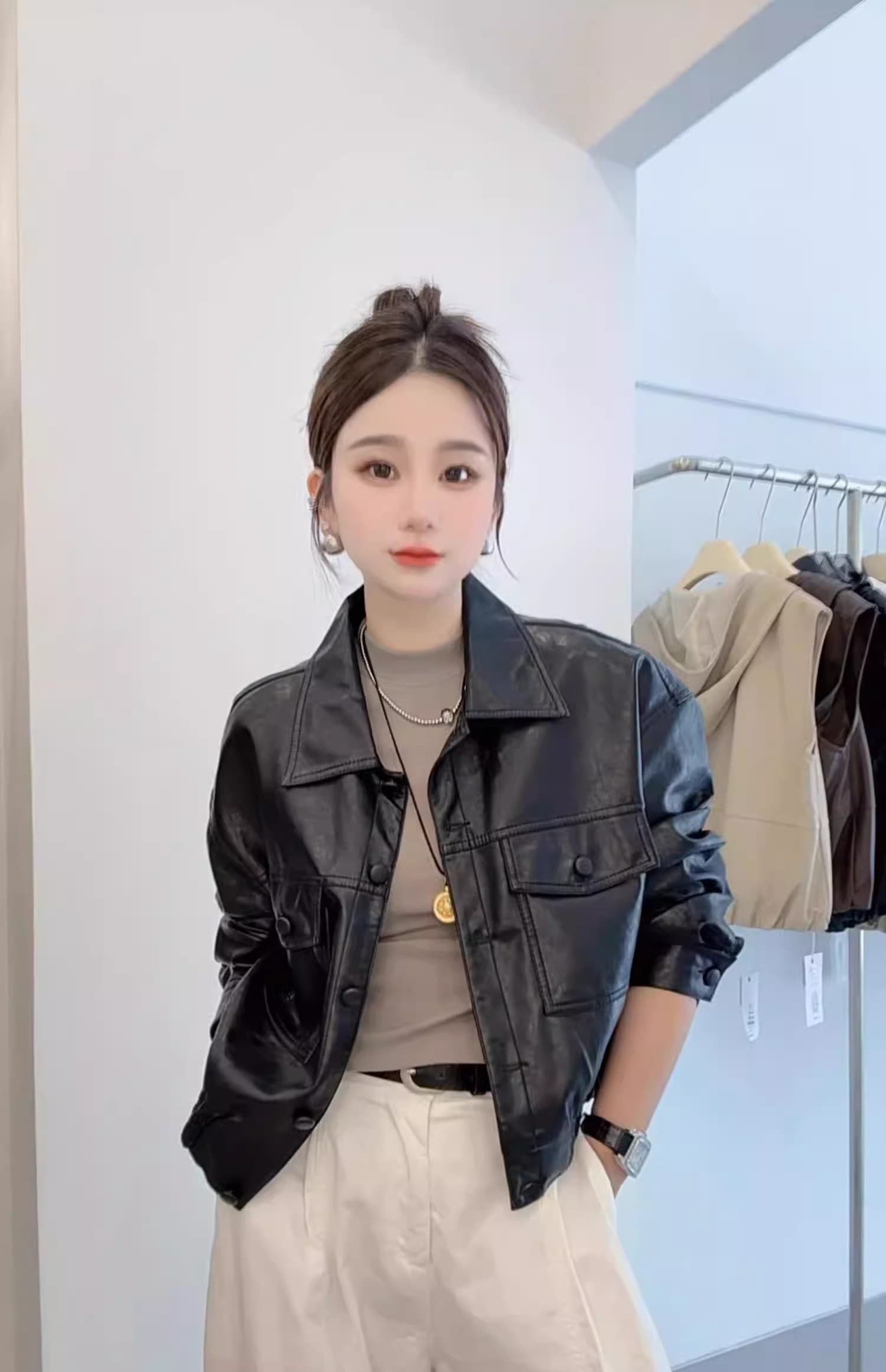 송 능가 같은 단락 2025 가을 겨울 새로운 패션 레트로 pu 가죽 자켓 폴로 칼라 루즈핏 가을 어깨 소매 오토바이 서비스 상세 이미지 22