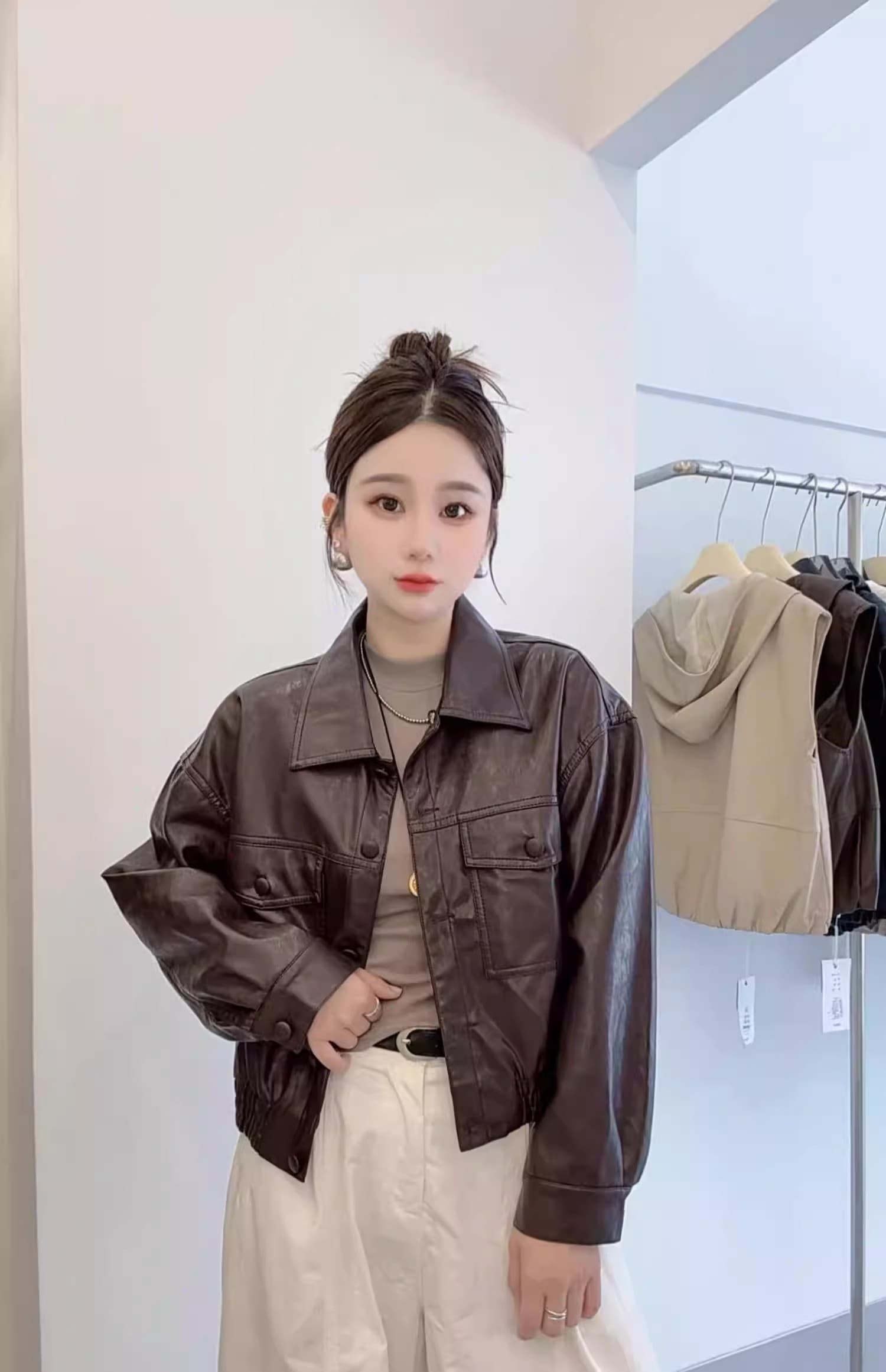 송 능가 같은 단락 2025 가을 겨울 새로운 패션 레트로 pu 가죽 자켓 폴로 칼라 루즈핏 가을 어깨 소매 오토바이 서비스 상세 이미지 28