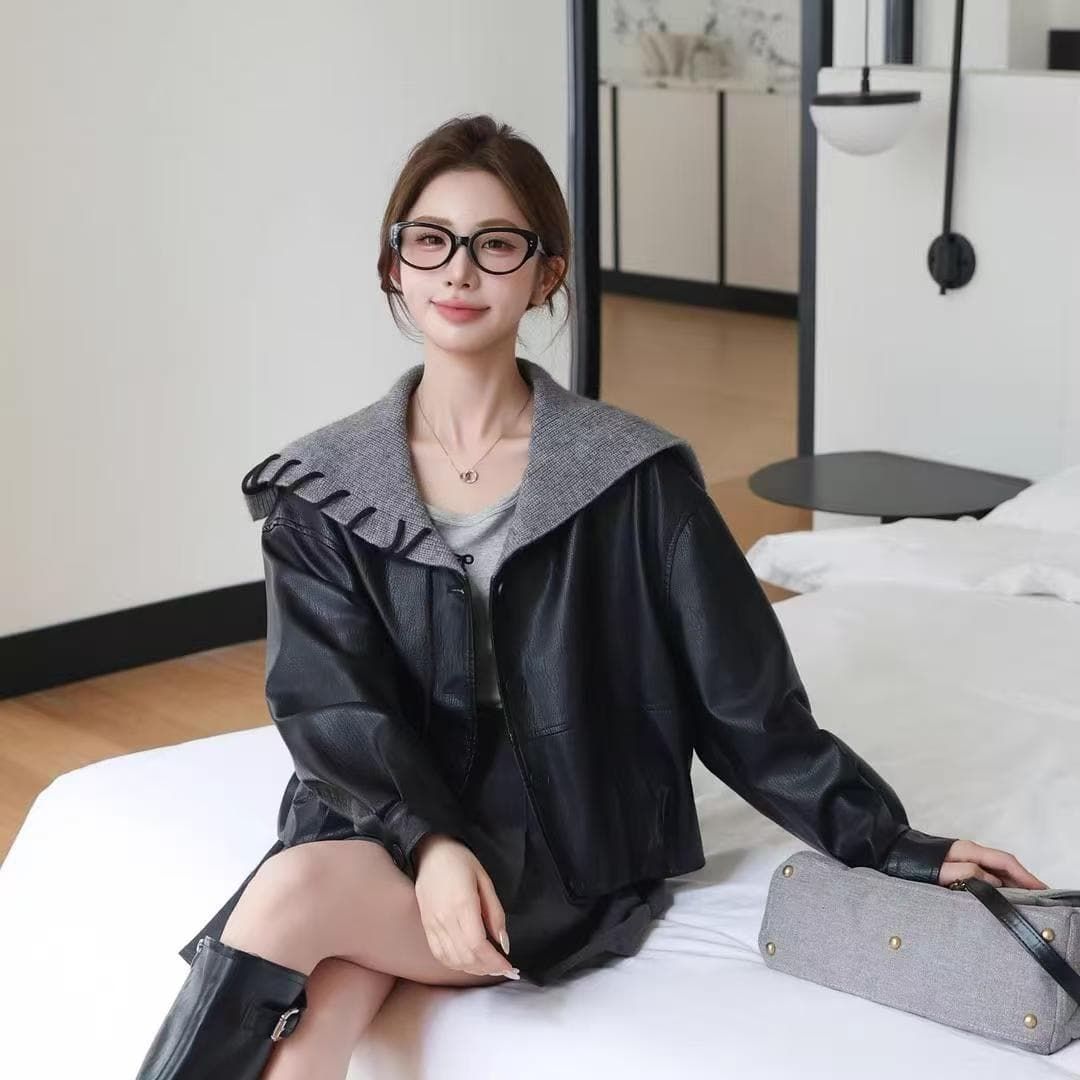 한 부서 달콤한 차가운 장난기 넘치는 2025 이른 가을 새로운 디자인 센스 해군 칼라 가죽 재킷 재킷 여성 레저 섹션 재킷 상세 이미지 8