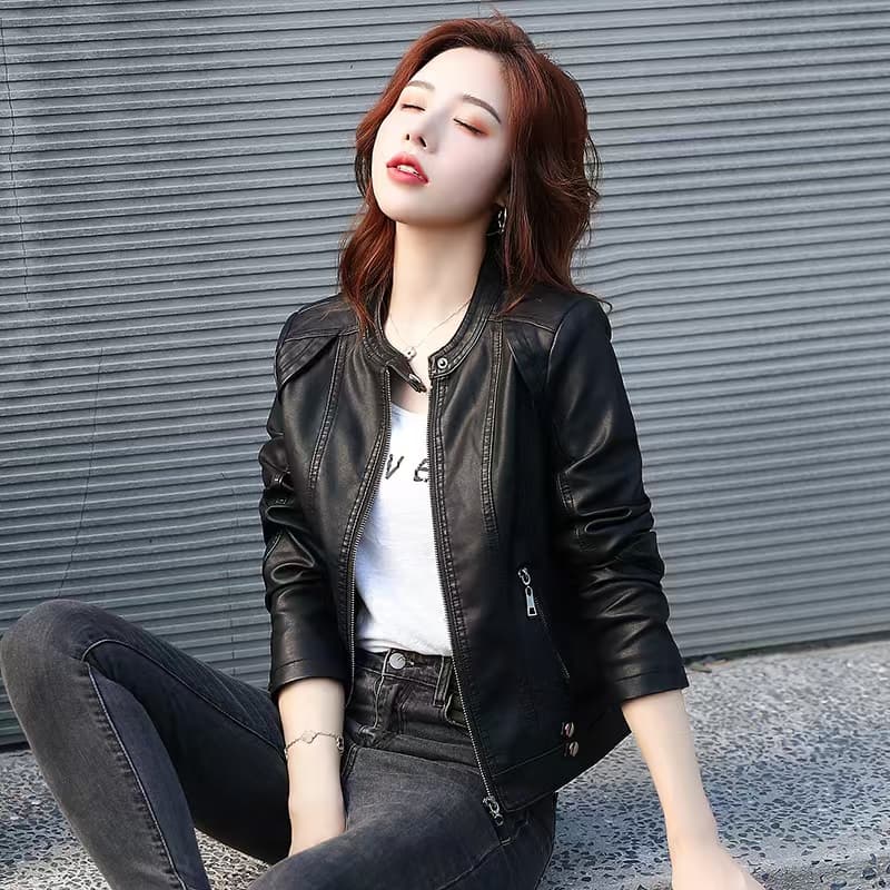 비 실사 여성 짧은 가죽 자켓 몸매 가꾸기 슬림해 보이는 가을 겨울철 라운드 넥 새로운 잘 생긴 하이웨이스트 오토바이 월렛 극복하다 상세 이미지 2
