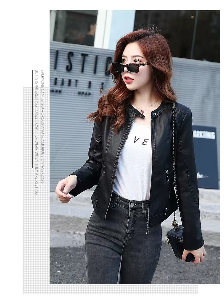 비 실사 여성 짧은 가죽 자켓 몸매 가꾸기 슬림해 보이는 가을 겨울철 라운드 넥 새로운 잘 생긴 하이웨이스트 오토바이 월렛 극복하다 상세 이미지 15