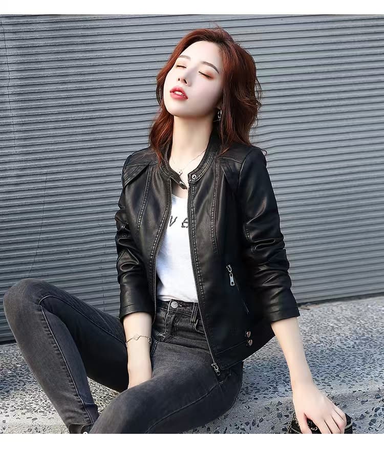 비 실사 여성 짧은 가죽 자켓 몸매 가꾸기 슬림해 보이는 가을 겨울철 라운드 넥 새로운 잘 생긴 하이웨이스트 오토바이 월렛 극복하다 상세 이미지 24