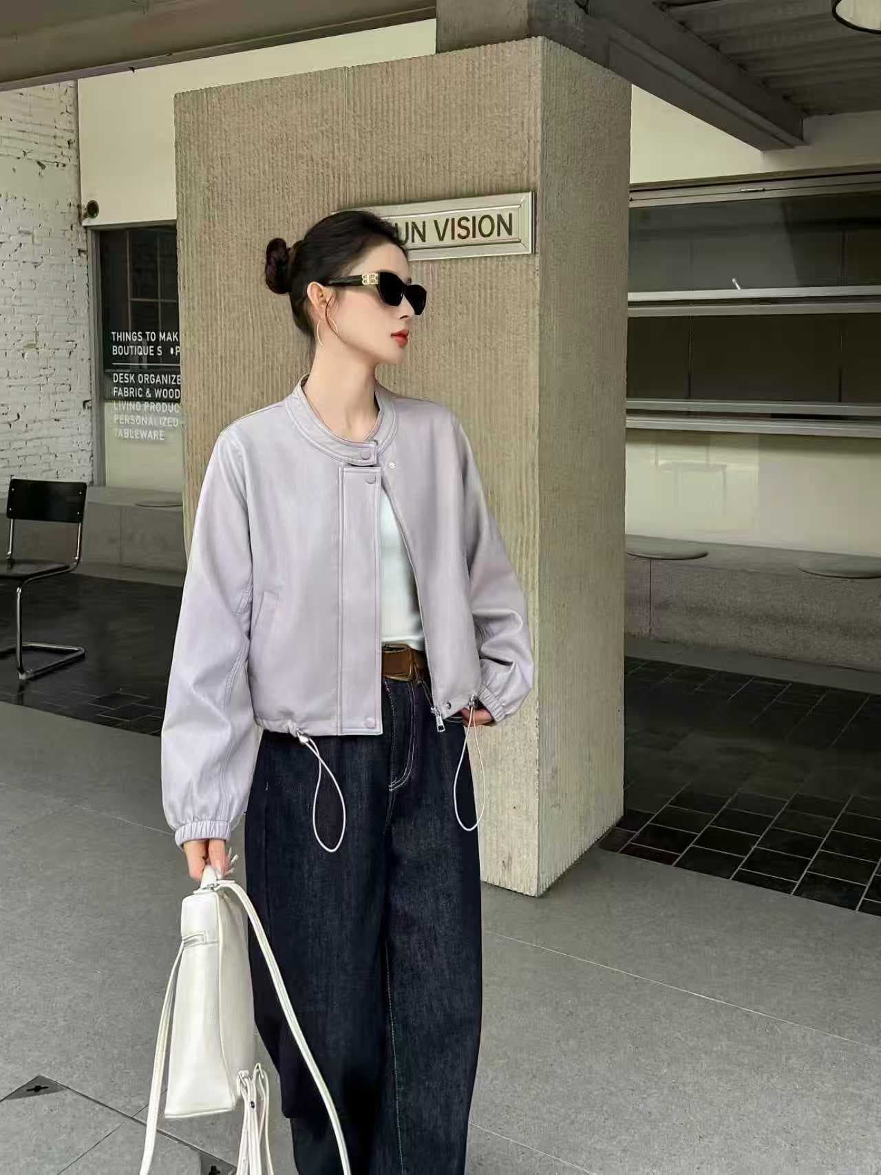 실사 새로운 가죽 재킷 여성 코트 2026 봄 가을 레트로 트렌드 캐주얼 슬림해 보이는 스탠드 칼라 슈퍼 화재 가죽 자켓 맨위 상세 이미지 2