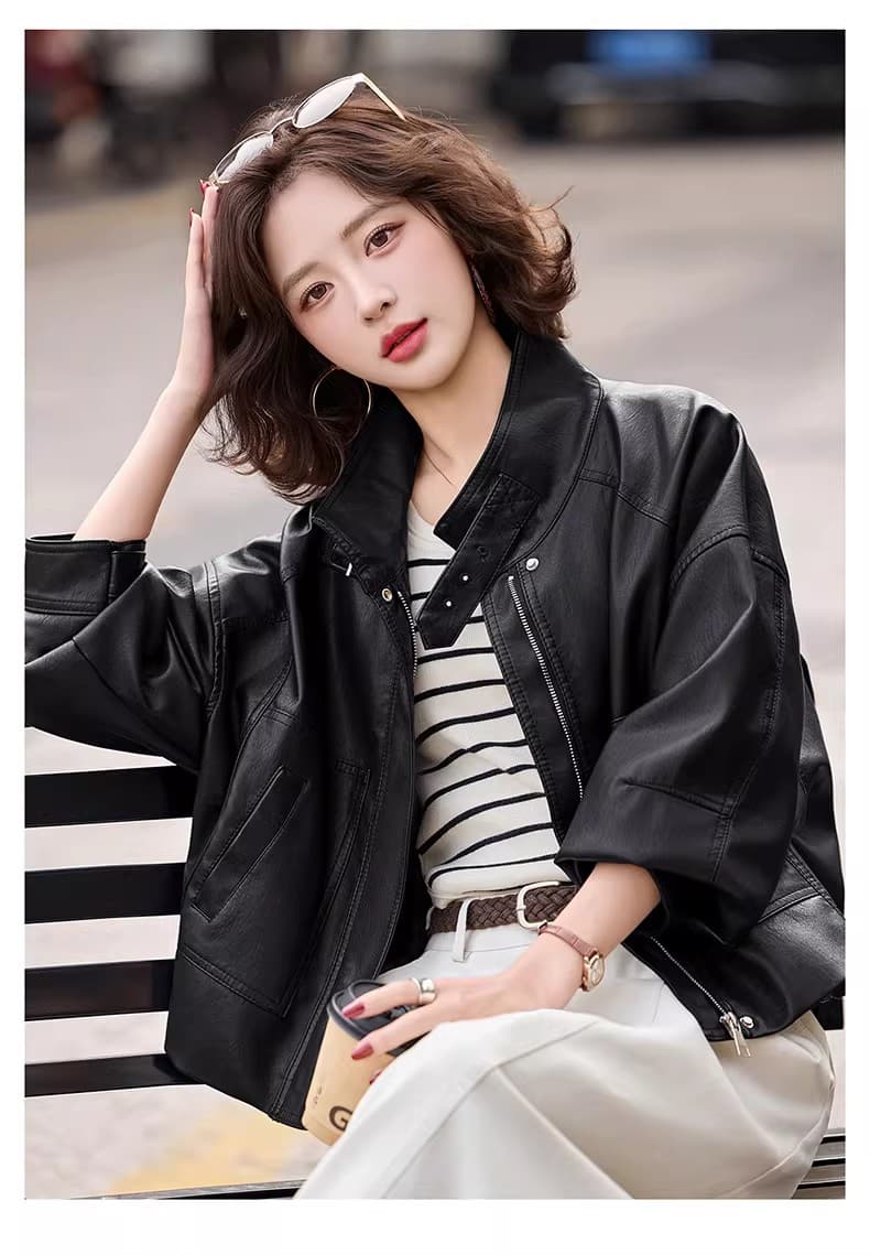 새로운 스탠드 칼라 외국 가스 연령 감소 가죽 재킷 재킷 여성 짧은 2026 봄 가을 품격 루즈핏 캐주얼 다용도 가죽 자켓 상세 이미지 1