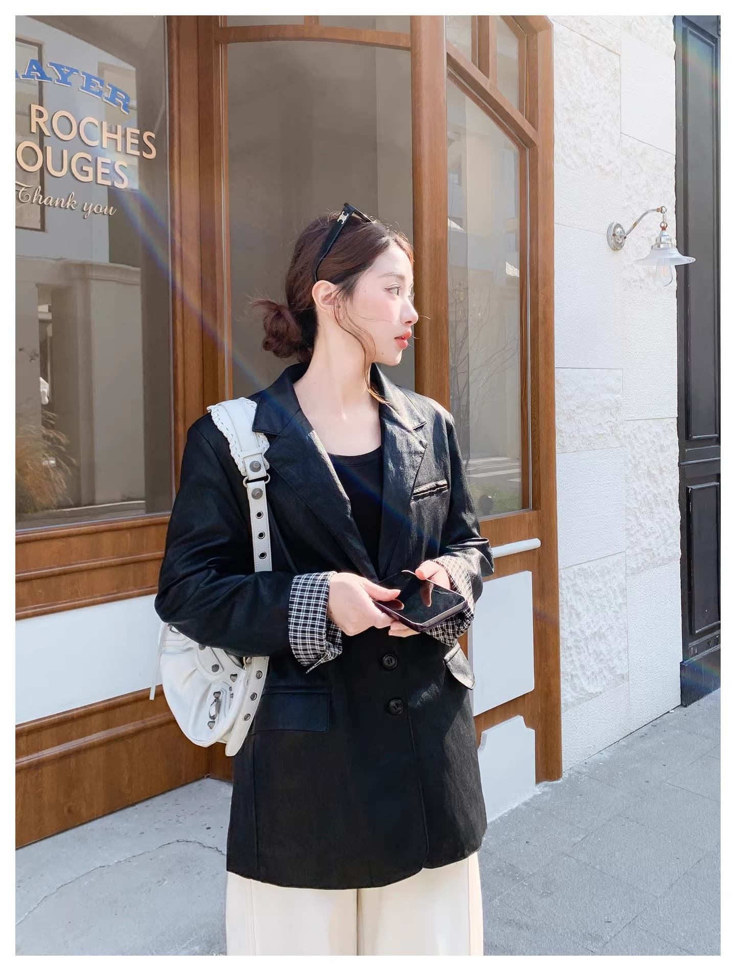 새로운 레트로 체크무늬 패치워크 폴로 칼라 캐주얼 가죽 재킷 여성 코트 그레이트 멋진 롱 코트 품격 정장 고급 센스 상세 이미지 9