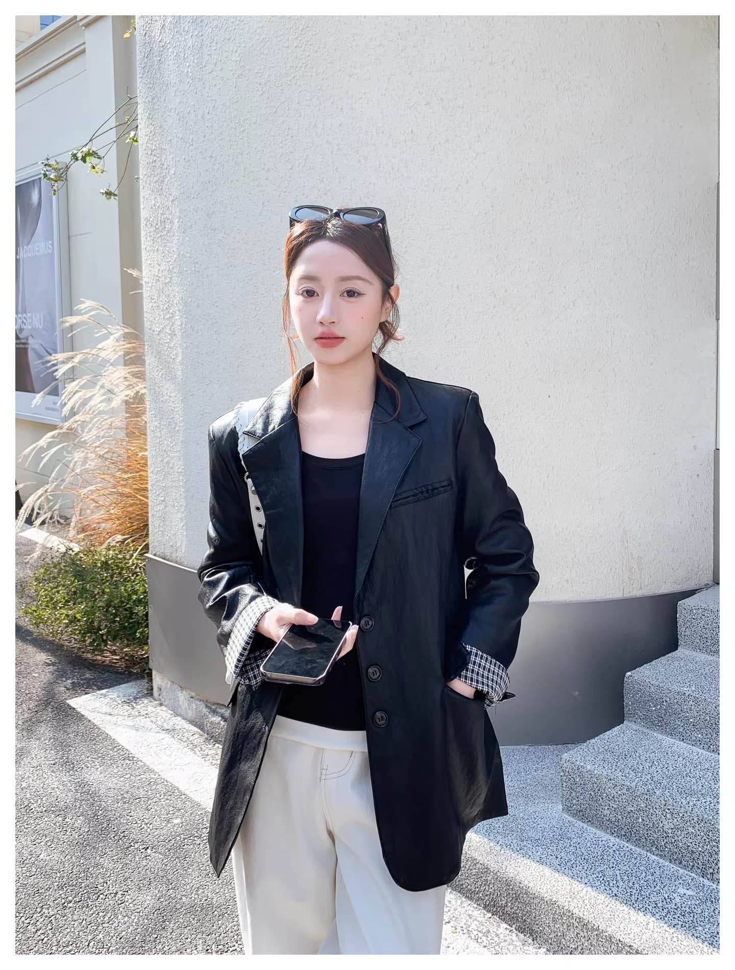 새로운 레트로 체크무늬 패치워크 폴로 칼라 캐주얼 가죽 재킷 여성 코트 그레이트 멋진 롱 코트 품격 정장 고급 센스 상세 이미지 12