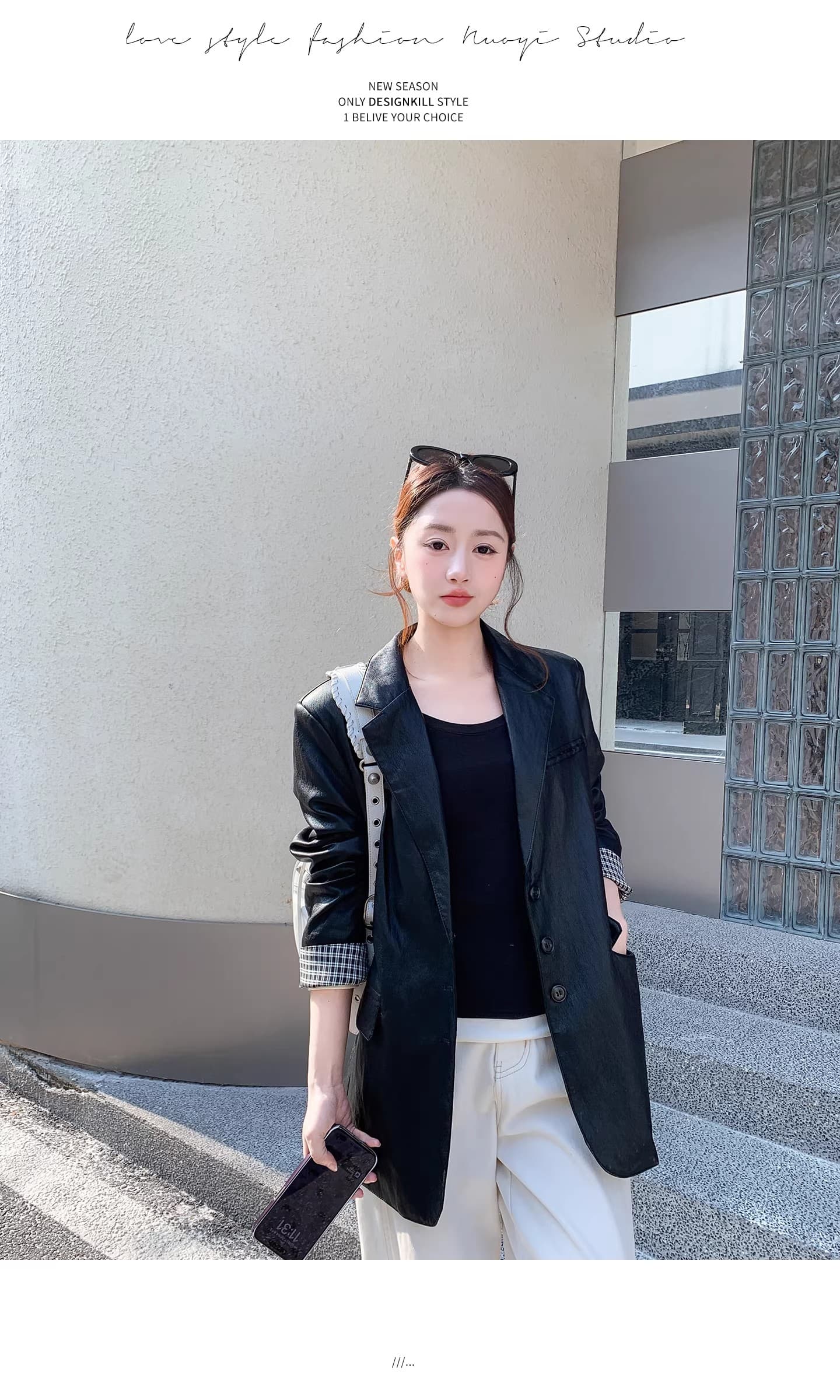 새로운 레트로 체크무늬 패치워크 폴로 칼라 캐주얼 가죽 재킷 여성 코트 그레이트 멋진 롱 코트 품격 정장 고급 센스 상세 이미지 19