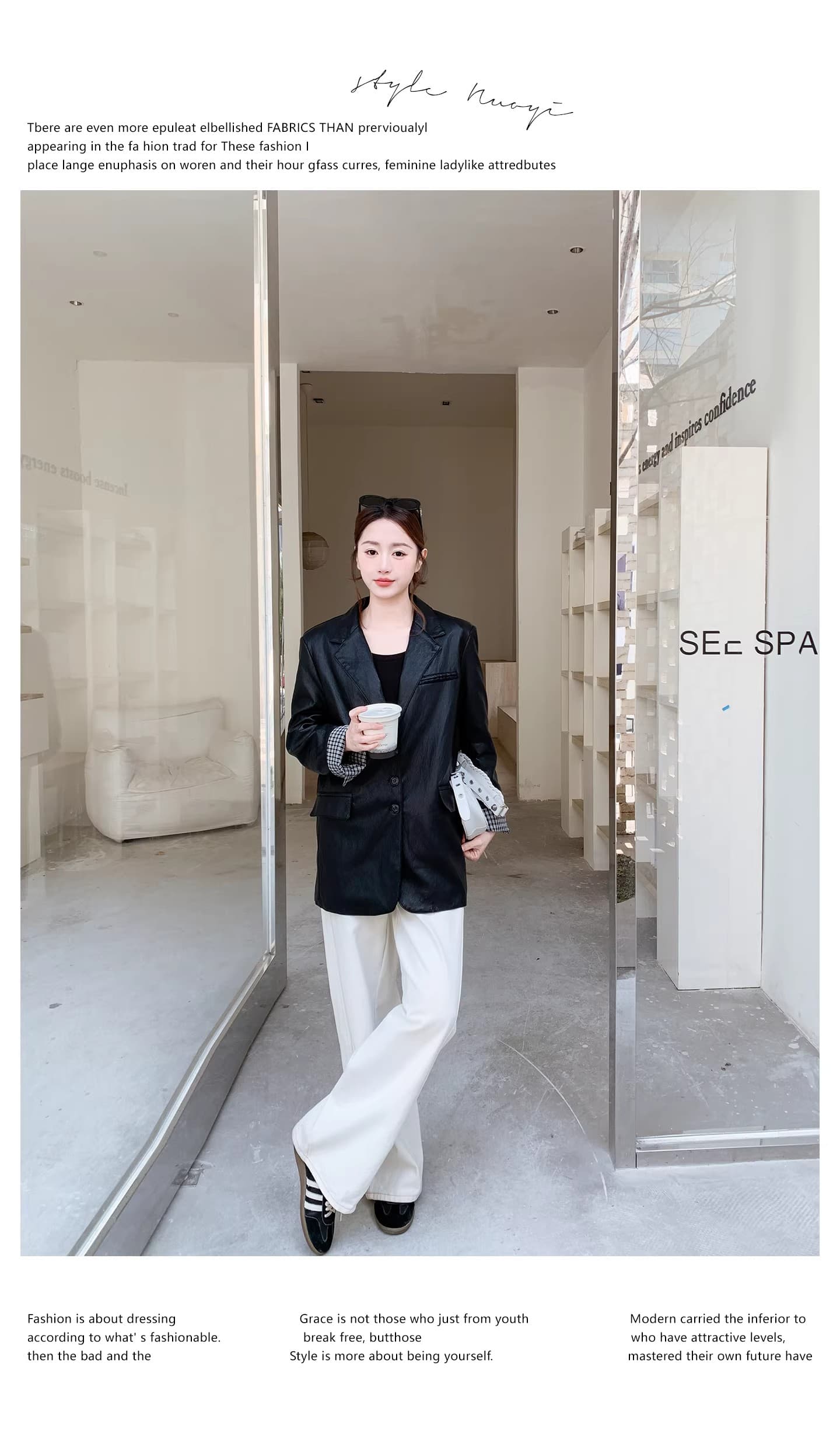 새로운 레트로 체크무늬 패치워크 폴로 칼라 캐주얼 가죽 재킷 여성 코트 그레이트 멋진 롱 코트 품격 정장 고급 센스 상세 이미지 22