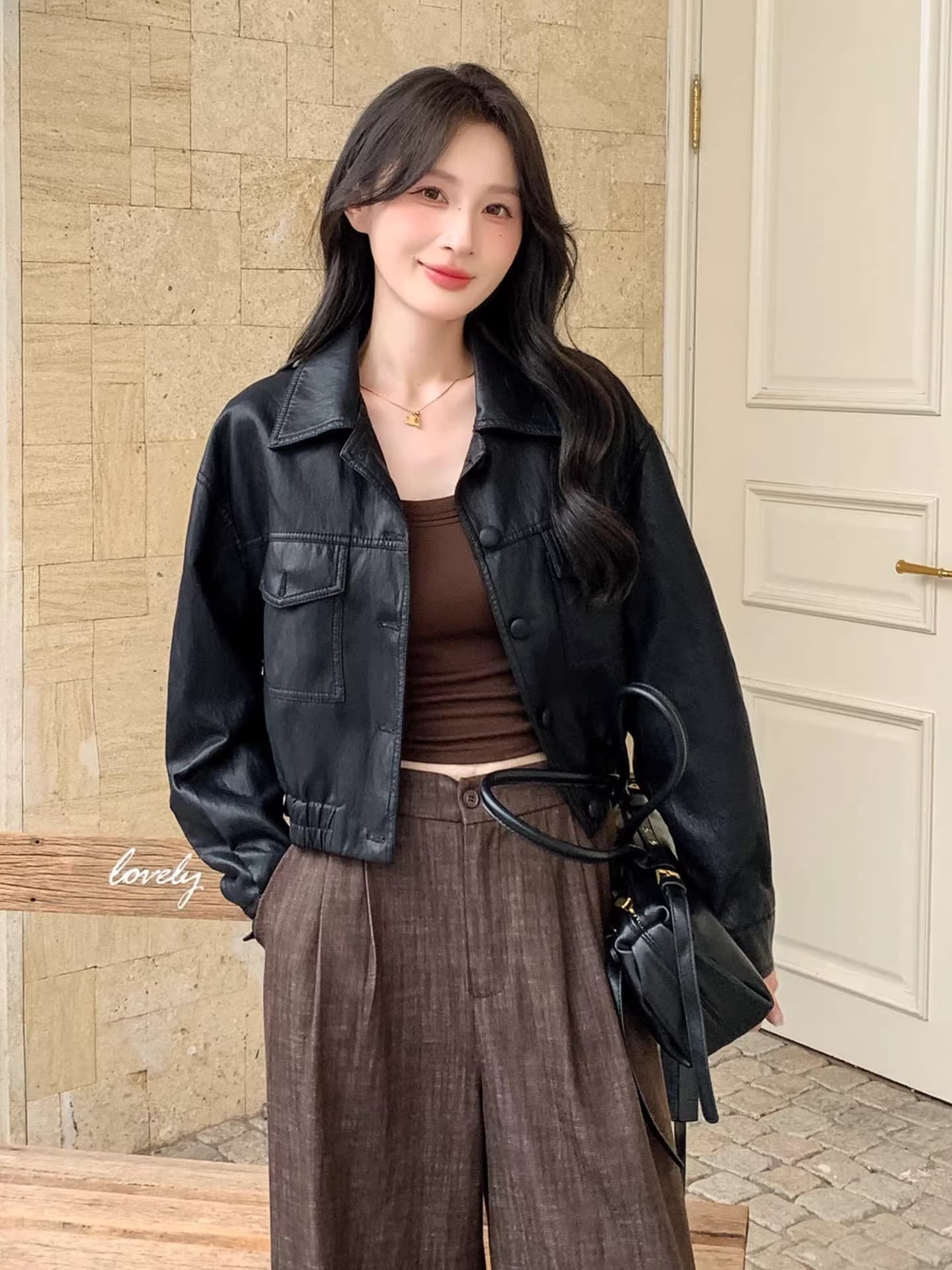 스타 같은 단락 봄 가을 새로운 패션 레트로 가죽 자켓 폴로 칼라 와이드 품격 다용도 루즈핏 가을 어깨 소매 오토바이 서비스 상세 이미지 2