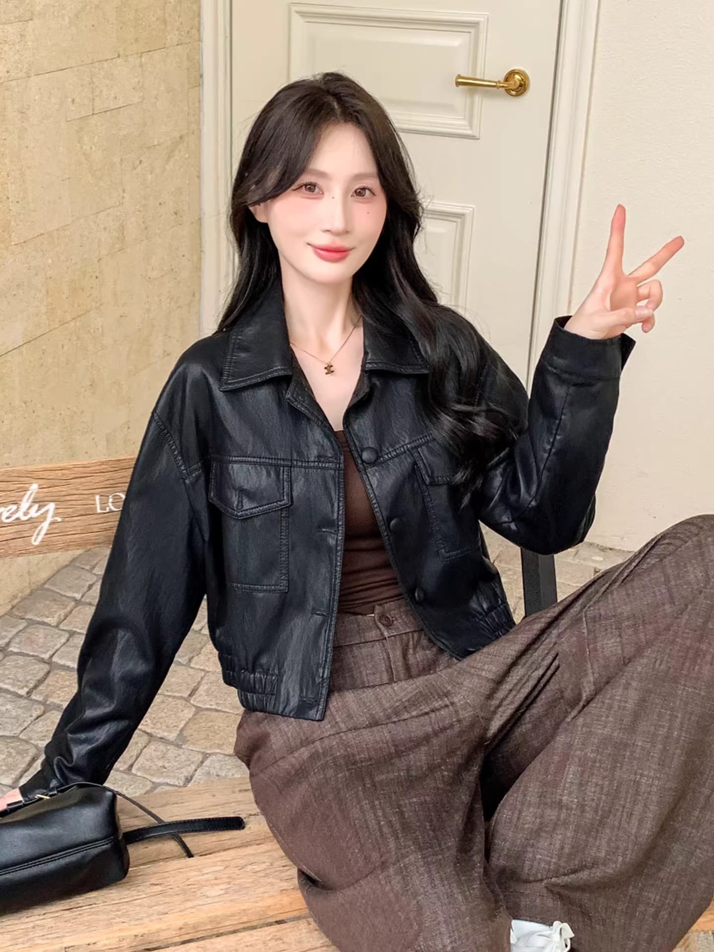 스타 같은 단락 봄 가을 새로운 패션 레트로 가죽 자켓 폴로 칼라 와이드 품격 다용도 루즈핏 가을 어깨 소매 오토바이 서비스 상세 이미지 3