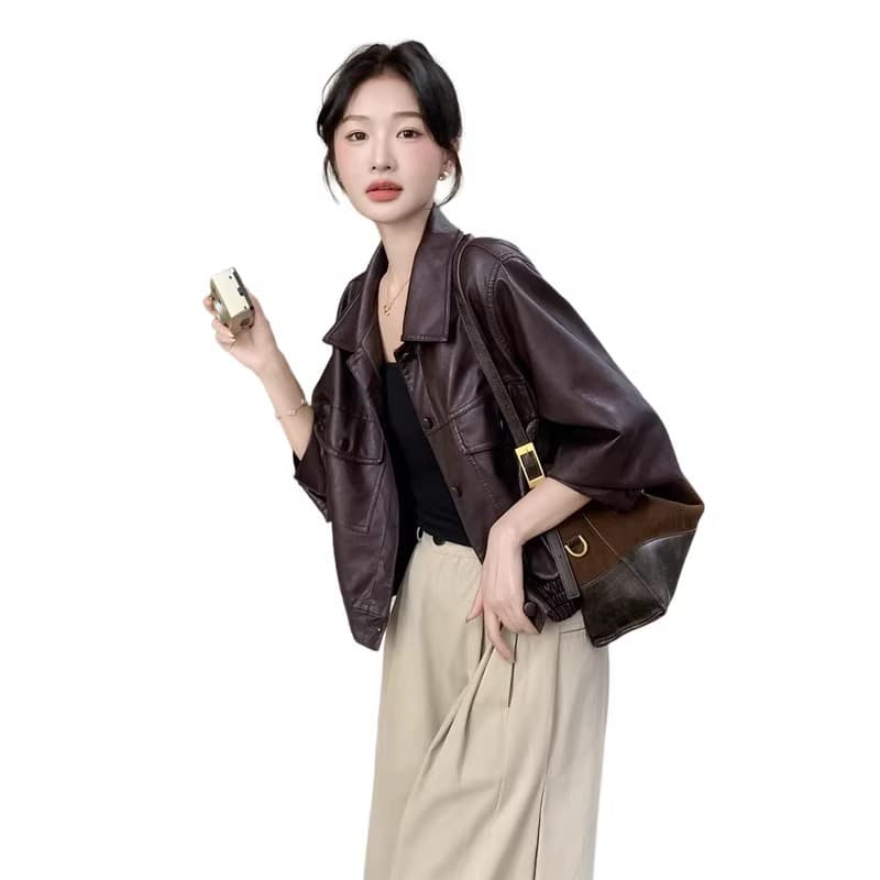 스타 같은 단락 품격 다용도 봄 가을 겨울 새로운 패션 레트로 가죽 자켓 폴로 칼라 루즈핏 가을 어깨 소매 오토바이 서비스 이미지 2