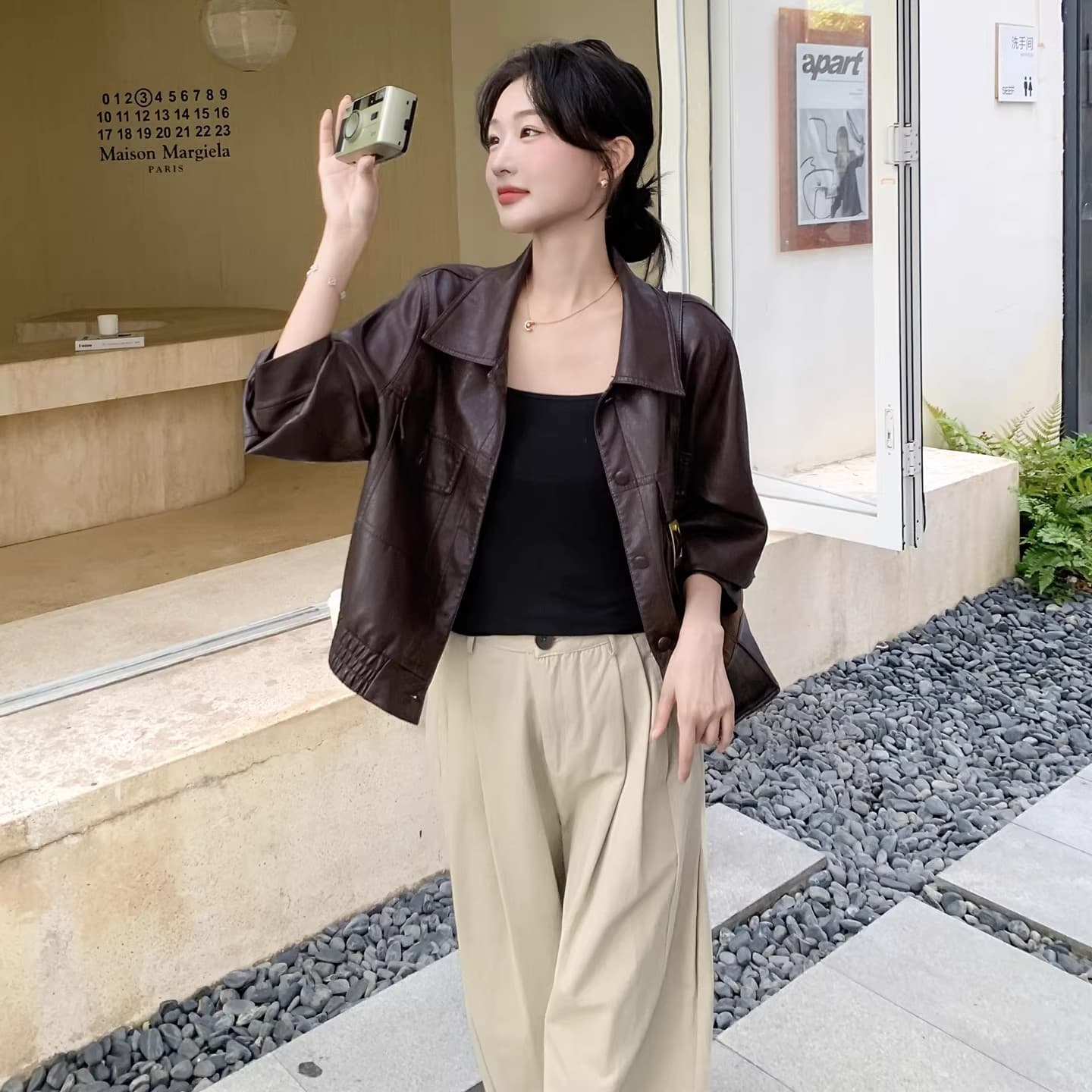 스타 같은 단락 품격 다용도 봄 가을 겨울 새로운 패션 레트로 가죽 자켓 폴로 칼라 루즈핏 가을 어깨 소매 오토바이 서비스 이미지 3