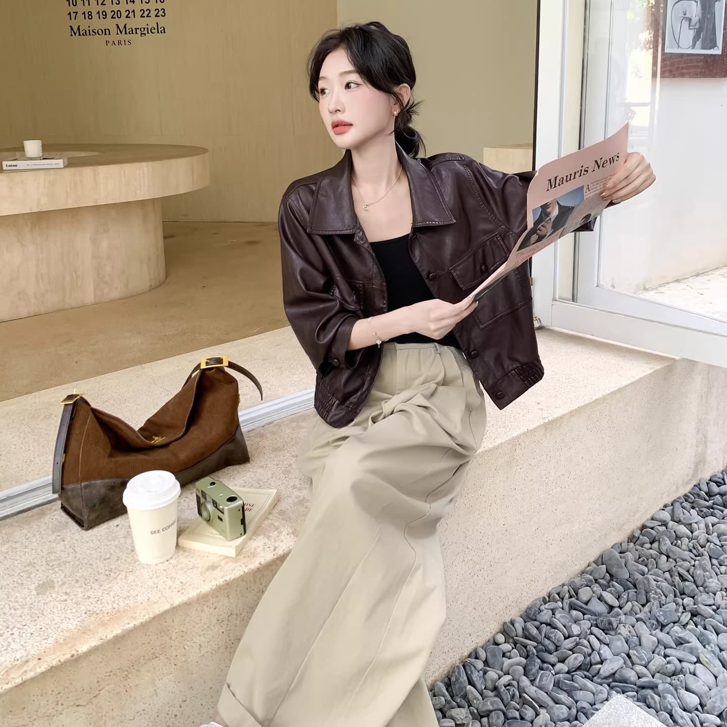 스타 같은 단락 품격 다용도 봄 가을 겨울 새로운 패션 레트로 가죽 자켓 폴로 칼라 루즈핏 가을 어깨 소매 오토바이 서비스 이미지 4