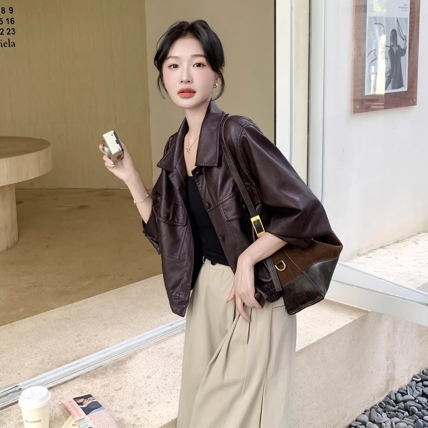스타 같은 단락 품격 다용도 봄 가을 겨울 새로운 패션 레트로 가죽 자켓 폴로 칼라 루즈핏 가을 어깨 소매 오토바이 서비스 이미지 6