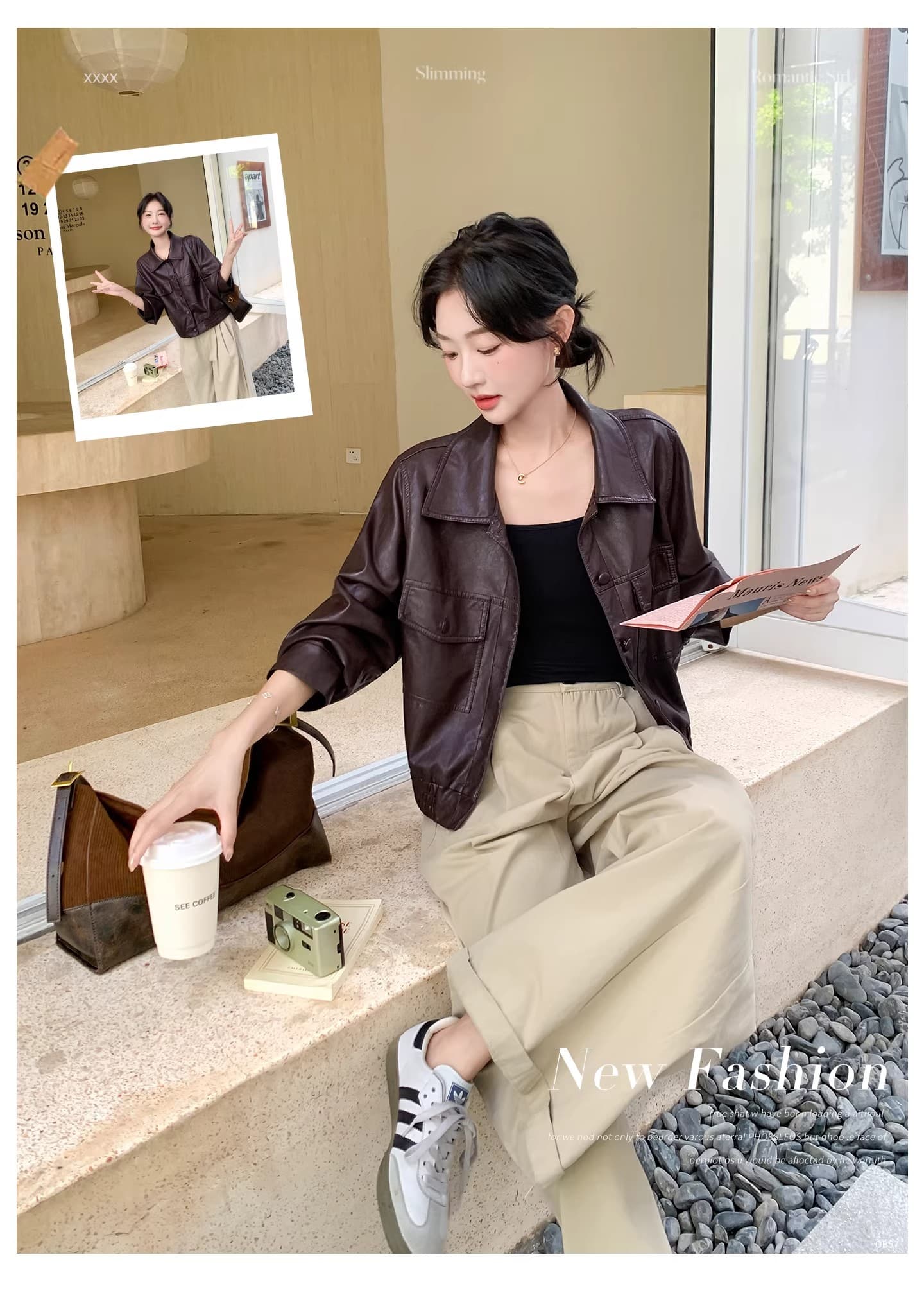 스타 같은 단락 품격 다용도 봄 가을 겨울 새로운 패션 레트로 가죽 자켓 폴로 칼라 루즈핏 가을 어깨 소매 오토바이 서비스 상세 이미지 3