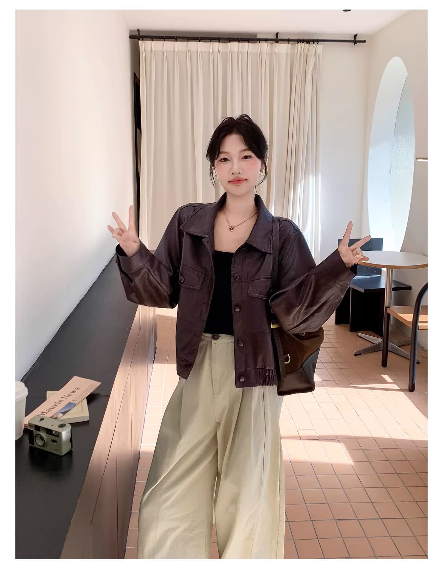스타 같은 단락 품격 다용도 봄 가을 겨울 새로운 패션 레트로 가죽 자켓 폴로 칼라 루즈핏 가을 어깨 소매 오토바이 서비스 상세 이미지 11