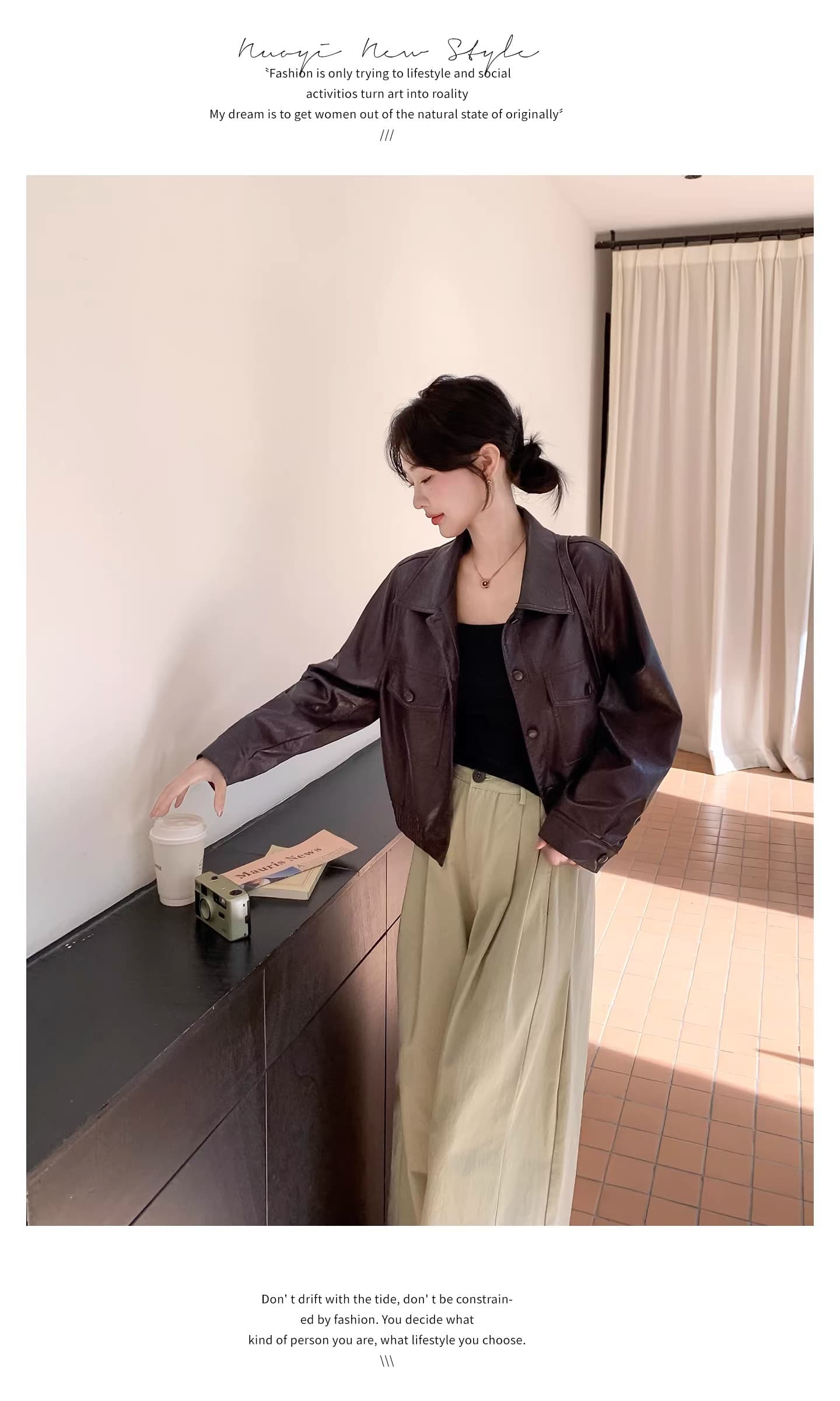 스타 같은 단락 품격 다용도 봄 가을 겨울 새로운 패션 레트로 가죽 자켓 폴로 칼라 루즈핏 가을 어깨 소매 오토바이 서비스 상세 이미지 12