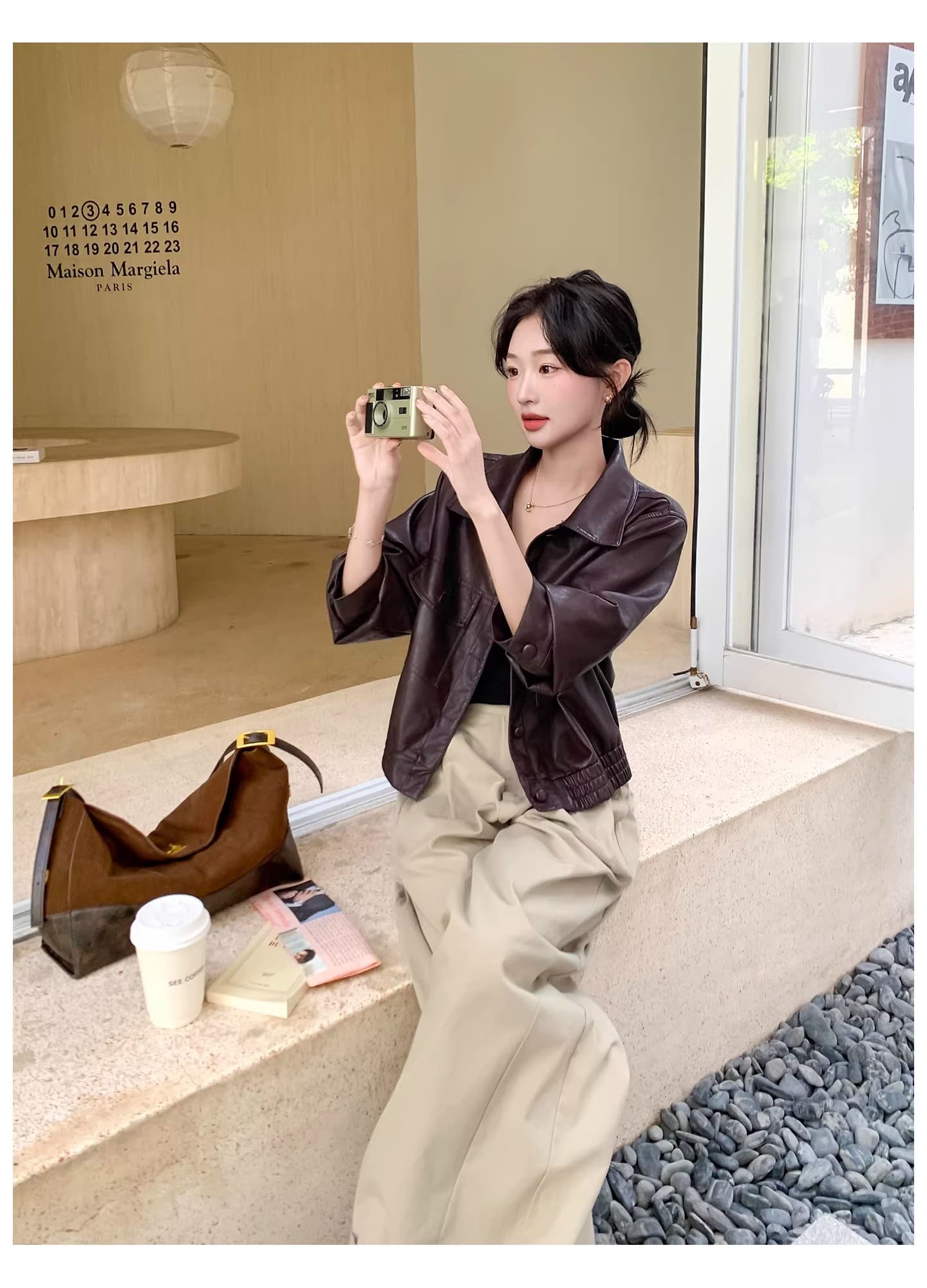 스타 같은 단락 품격 다용도 봄 가을 겨울 새로운 패션 레트로 가죽 자켓 폴로 칼라 루즈핏 가을 어깨 소매 오토바이 서비스 상세 이미지 14