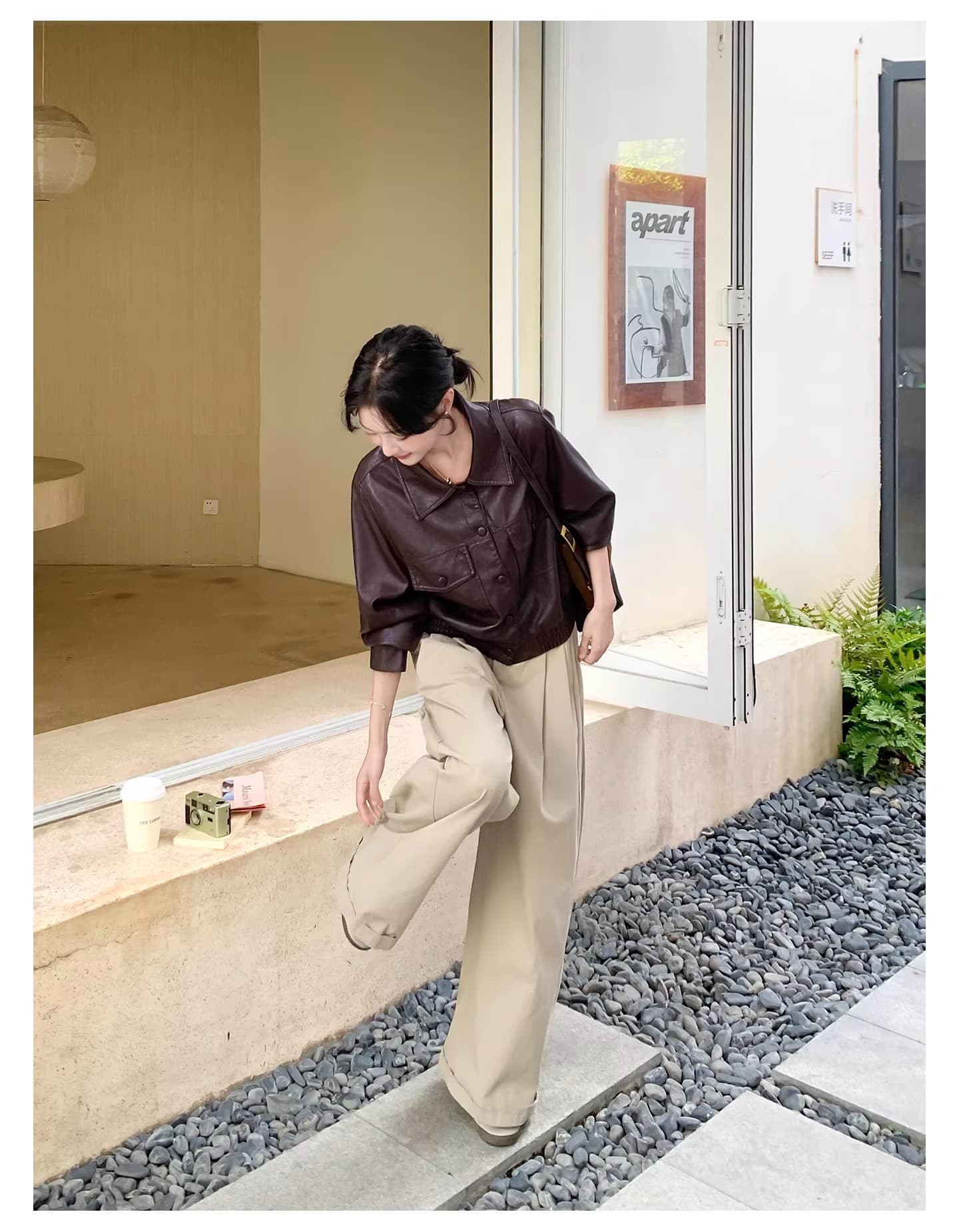 스타 같은 단락 품격 다용도 봄 가을 겨울 새로운 패션 레트로 가죽 자켓 폴로 칼라 루즈핏 가을 어깨 소매 오토바이 서비스 상세 이미지 16