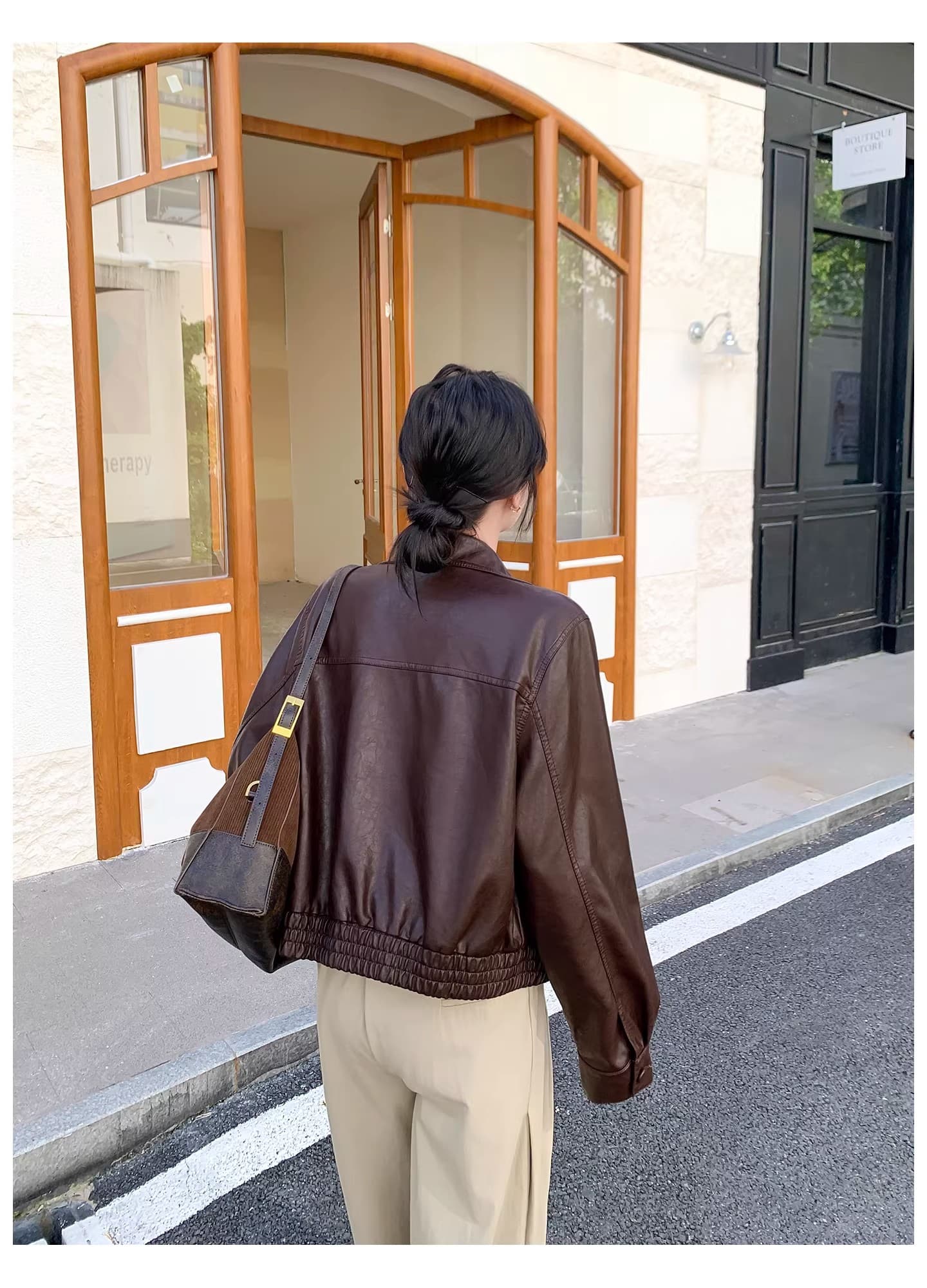 스타 같은 단락 품격 다용도 봄 가을 겨울 새로운 패션 레트로 가죽 자켓 폴로 칼라 루즈핏 가을 어깨 소매 오토바이 서비스 상세 이미지 19
